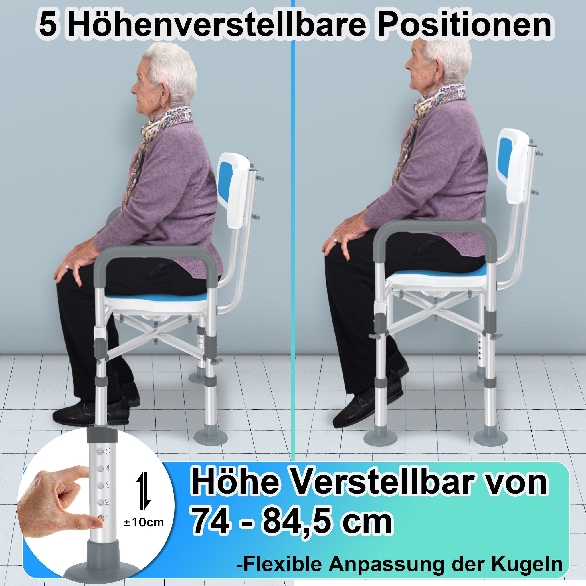 FIVMEN Duschhocker mit Hygieneausschnitt, Duschstuhl mit Rückenlehne Armlehnen belastbar, belastbar bis 180 kg, mit rutschfesten Fußpolstern, Höhenverstellbarer Duschsitz, Badestuhl