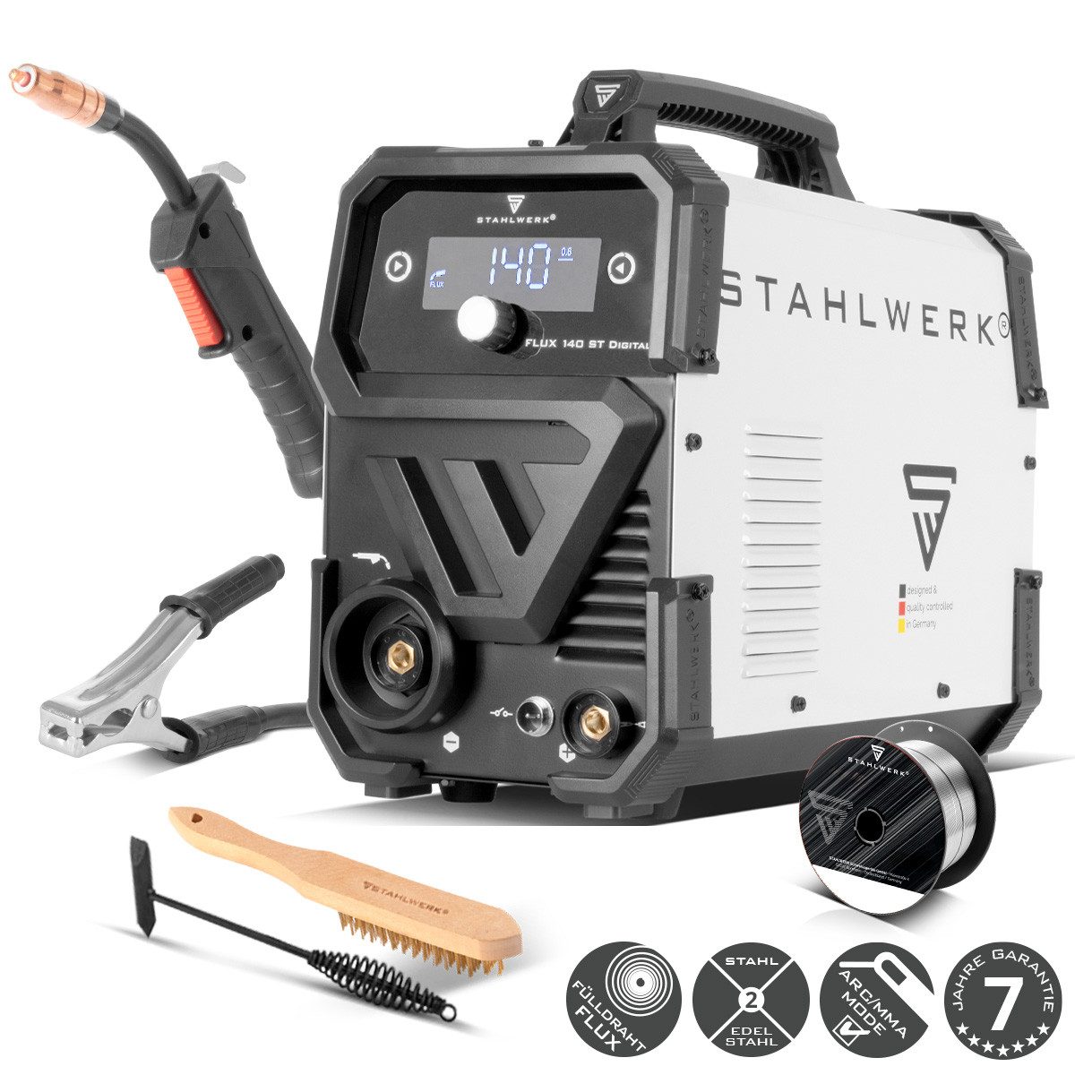 STAHLWERK Fülldrahtschweißgerät Schweißgerät FLUX 140 ST Digital mit 140 A, synergischem Drahtvorschub, 20 - 140 A, Packung, 1-tlg., Einzelgerät, Lift-TIG und ARC/MMA Funktion