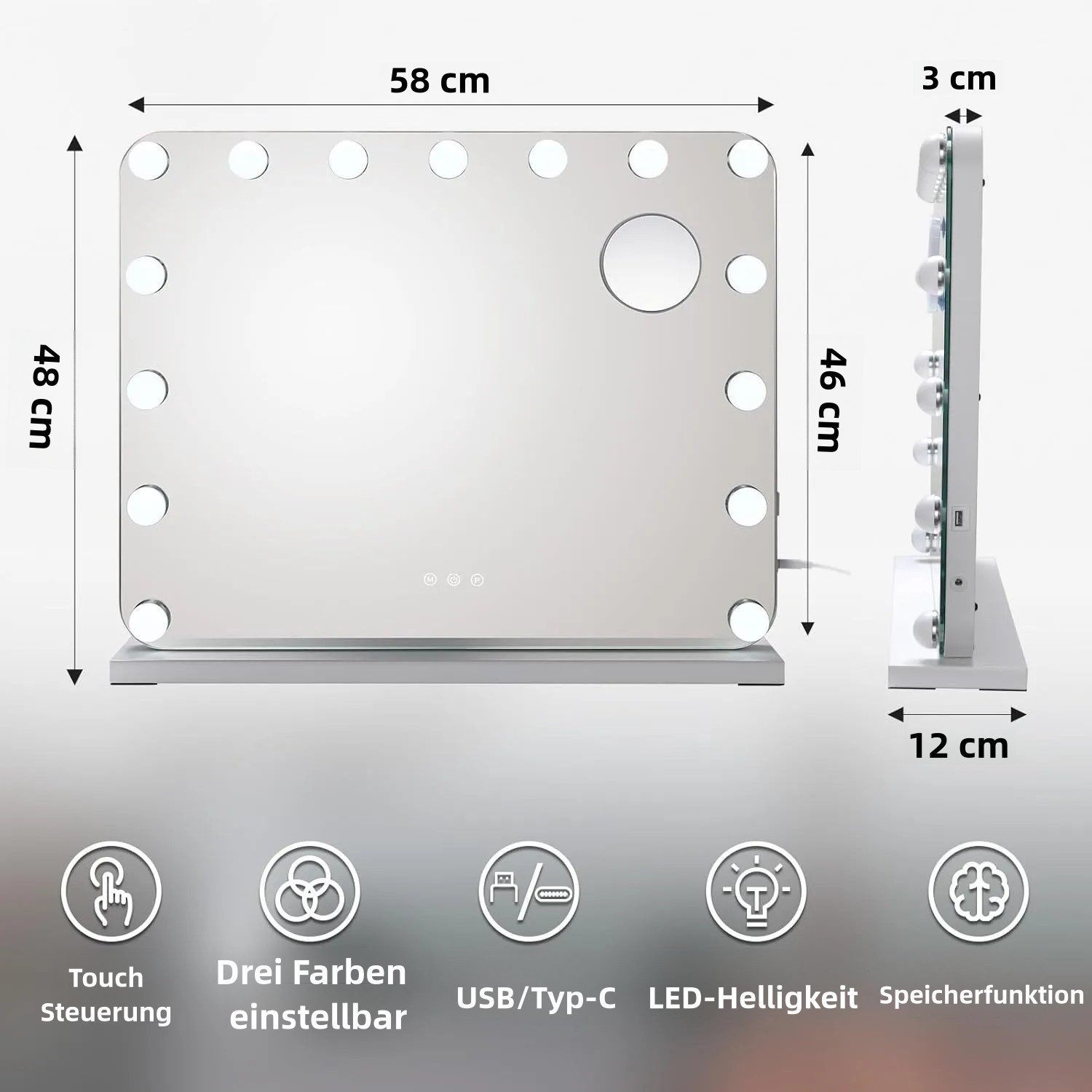 TLGREEN Schminkspiegel Hollywood Spiegel mit Licht 80x60/58x46 cm (USB- und TYPE-C-Ladeanschlüsse, Drei helle Farben), 10-fache Lupe