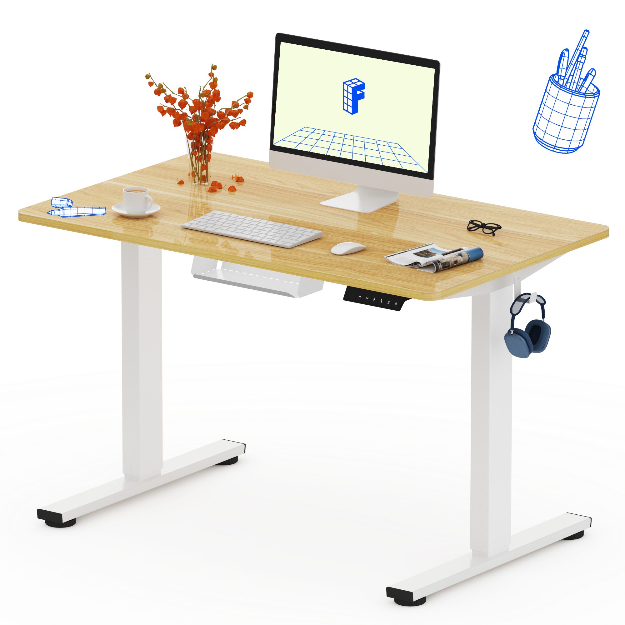 FLEXISPOT Schreibtisch Basic-Series Elektrisch höhenverstellbarer Schreibtisch (Anti-Kollisions-system, 2- Fach-Teleskop, mit Haken, mit Aufbewahrungsbox, LED-Display), MAX. Load: 70kg, 100/110/120/140/160, MIT einteilige Tischplatte