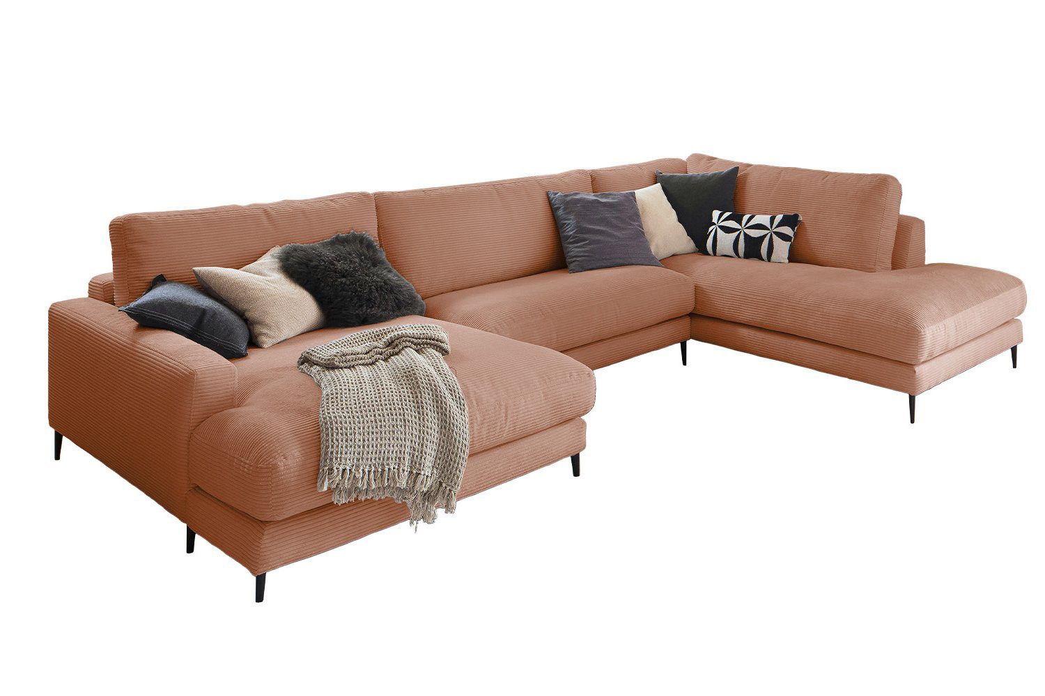 Longchair U-Form Sofa links, CARA, rechts Cord, Farben versch. rost Wohnlandschaft od. KAWOLA