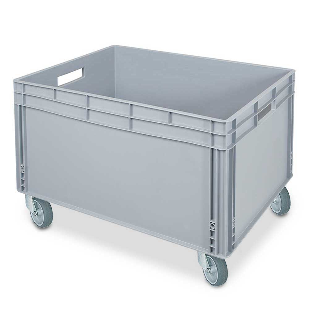 BRB-Lagertechnik Stapelbox Stapelbehälter mit 4 Rollen, LxBxH 800 x 600 x 545 mm, grau, Aus strapazierfähigem lebensmittelechtem Polypropylen-Kunststoff (PP)