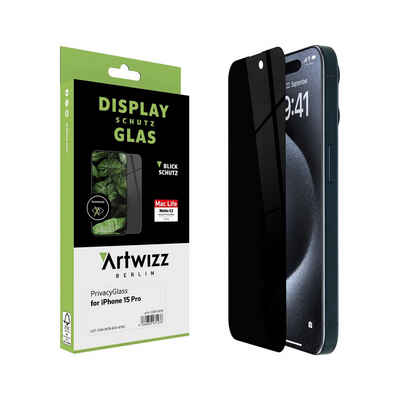 Artwizz PrivacyGlass, Displayschutz mit Blickschutz aus 100% Sicherheitsglas für iPhone 15 Pro, Displayschutzglas, Hartglas