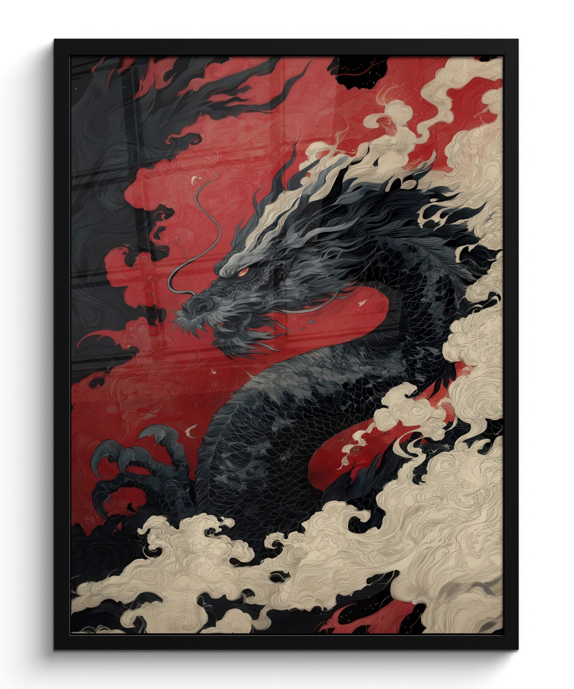 Poster Schwarzer Drache - Rauchwolken - Rot