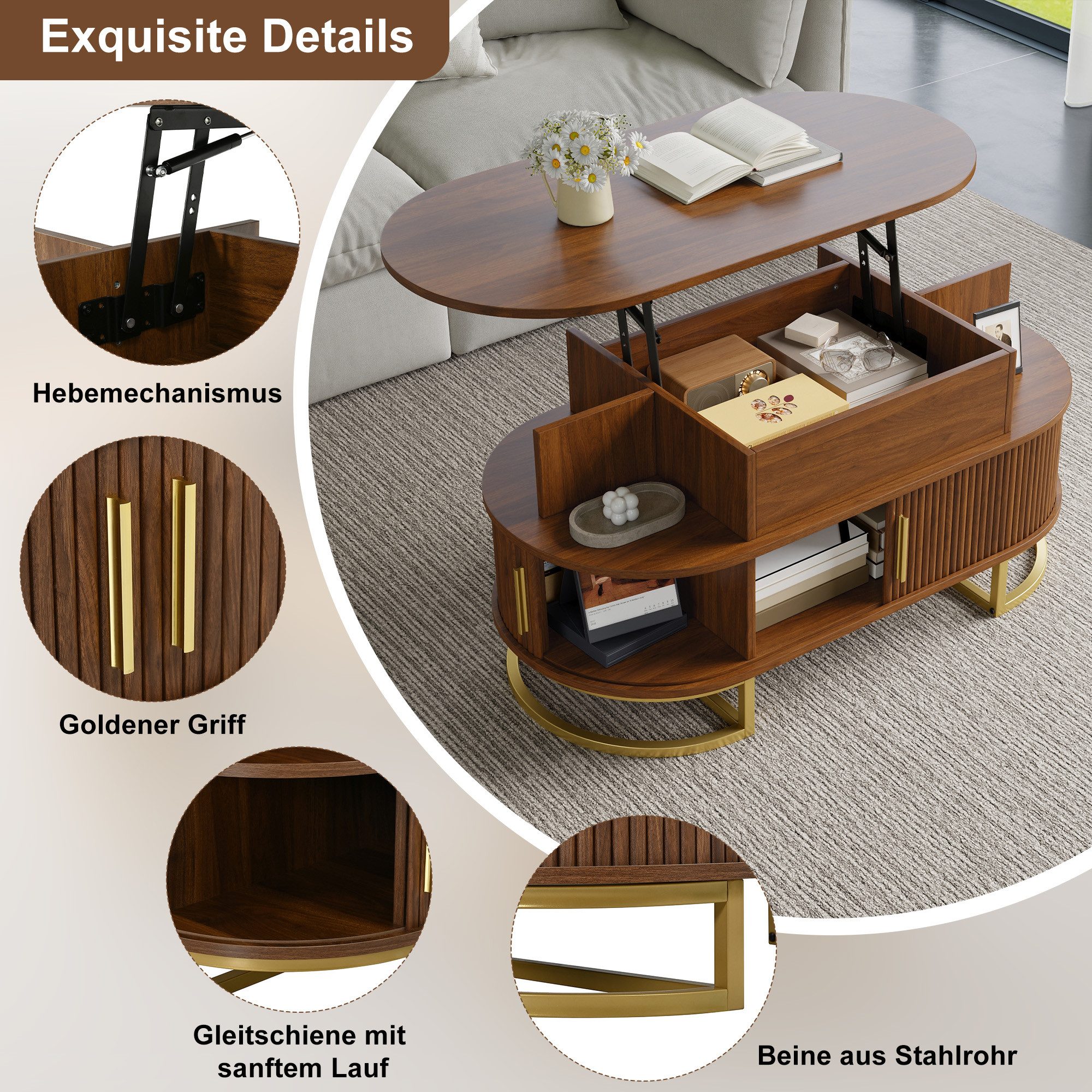 Merax Couchtisch oval Sofatisch anhebbarer Beistelltisch mit Liftfunktion im Holzoptik (100 L x 50 B x 64 H cm, 1-St), Wohnzimmertisch mit verstecktem Stauraum, – Bild 4 von 5
