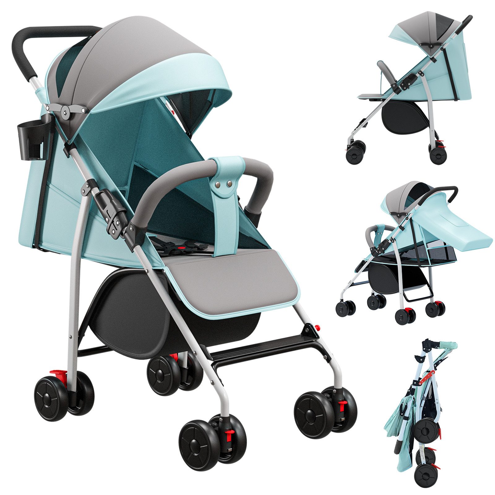 JEOBEST Kinder-Buggy Buggy Kinderwagen Kinderbuggy mit Liegefunktion für Kinder, Klein Zusammenklappbar, Tasche im Verdeck, XL Korb