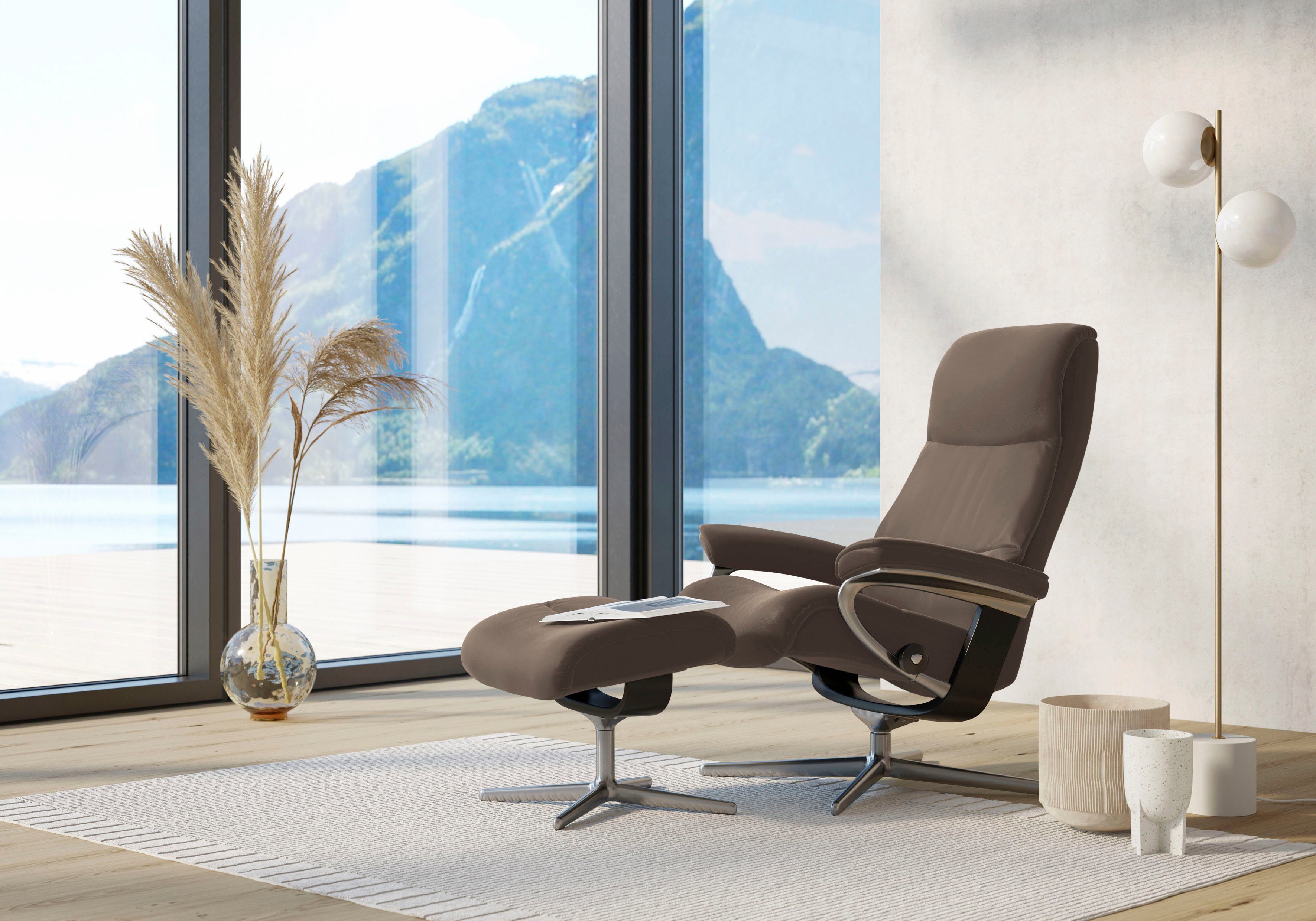 Stressless® Relaxsessel View (Set, Relaxsessel mit Hocker), mit Hocker, mit Cross Base, Größe S, M & L, Holzakzent Schwarz