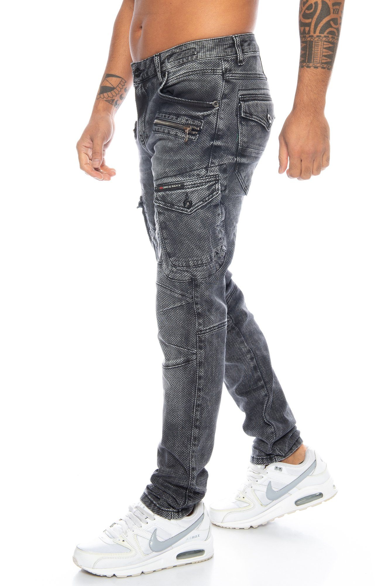 Cipo & Baxx Cargojeans Hose Jeans im weicher Herren Tragekomfort Ausgefallenes Cargo und stylischen Stoffmuster Design schwarz Cargo