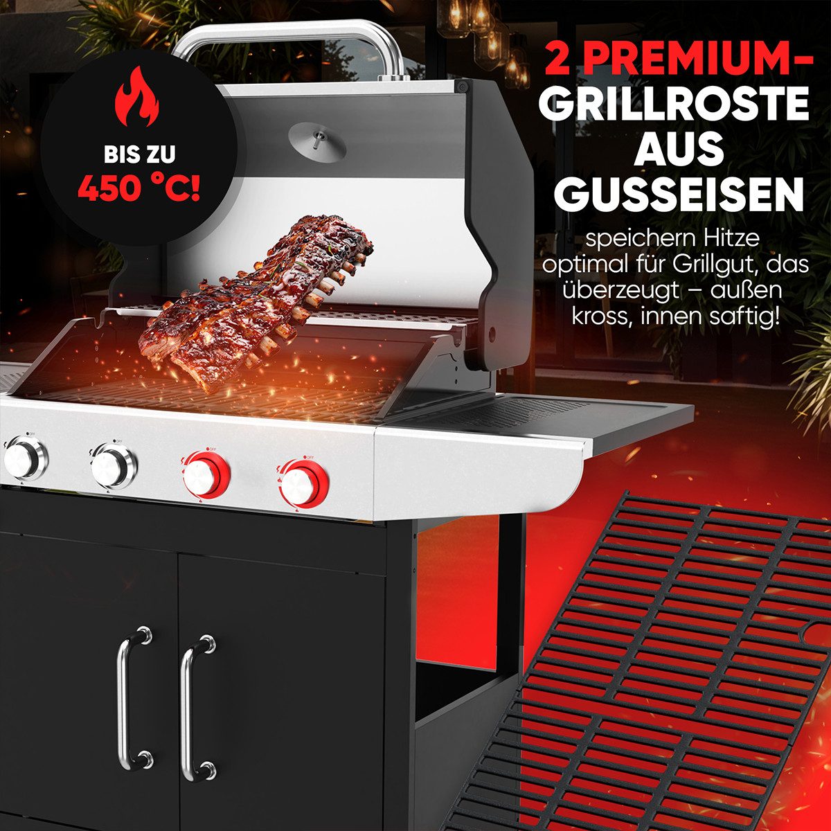 ProfiCook Gasgrill PC-GG 1311, Gasgrill bis zu 450°C, Grillroste aus Gusseisen