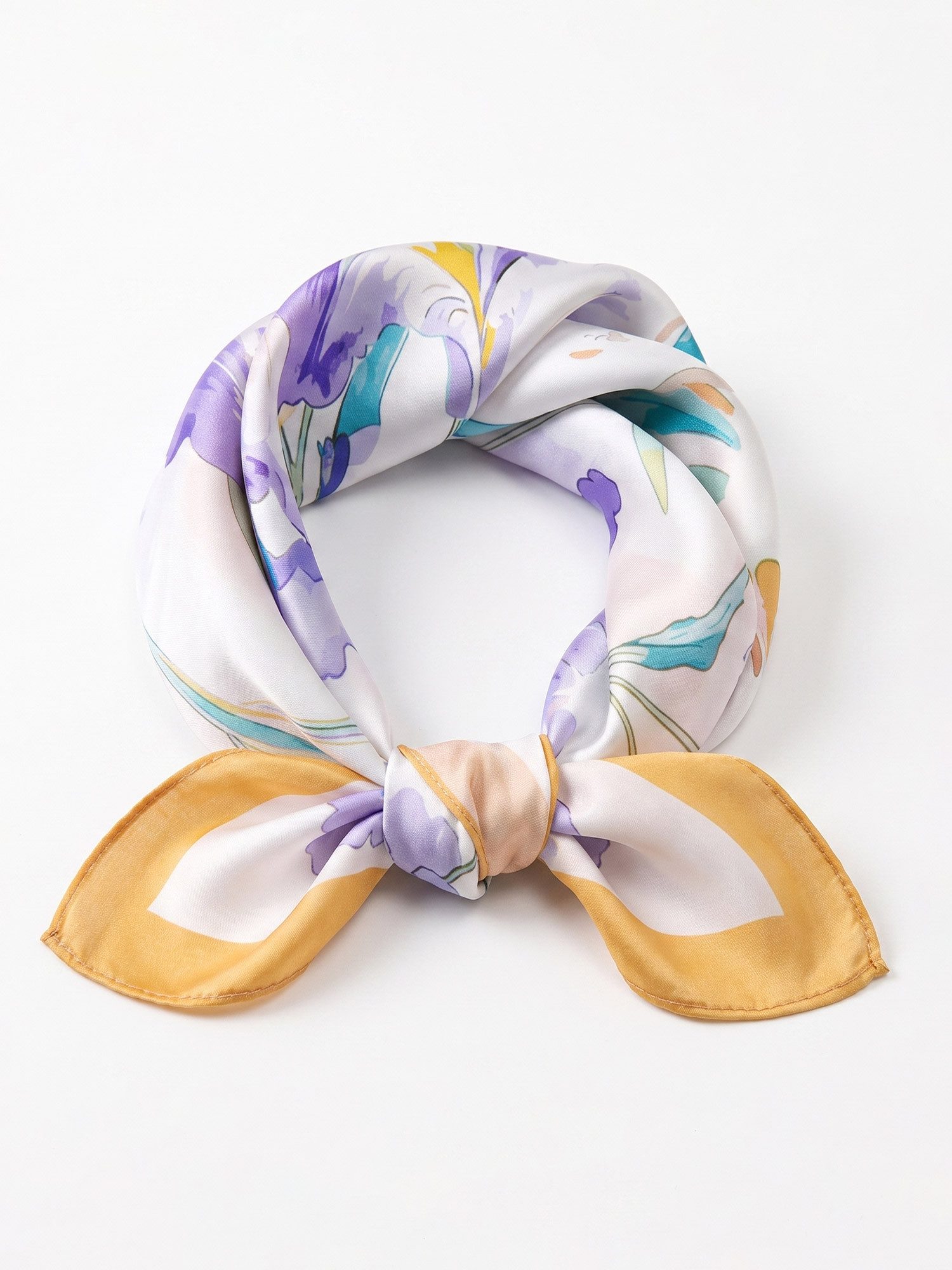 Vivi Idee Seidentuch 100% Maulbeerseide Halstuch Damen Goldene Irisblüte, Quadratisches 53x53 cm Halstuch, bedrucktes Seidenschal