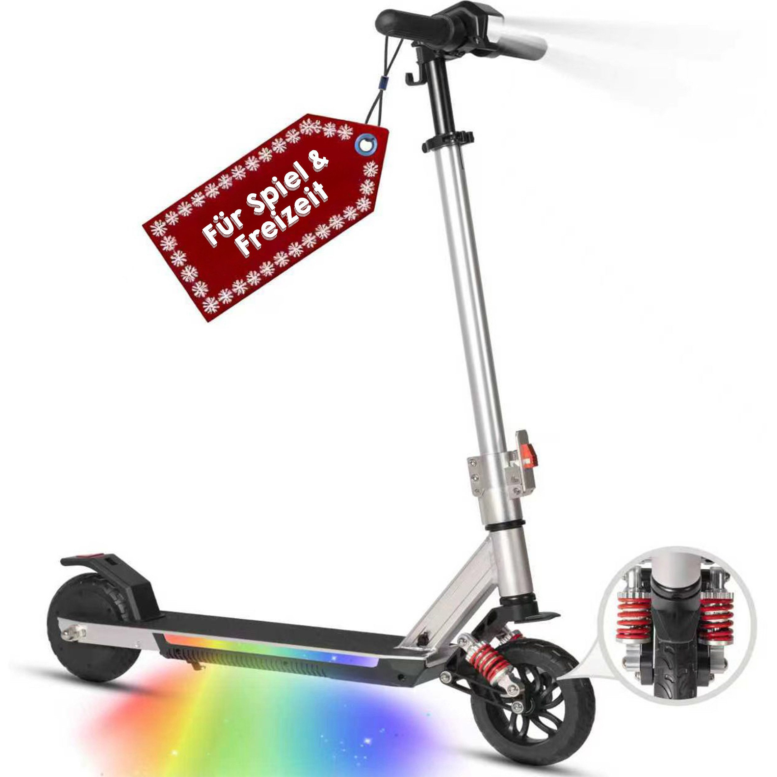 Vankel E-Scooter E-Scooter Kinder, ab 6 Jahren, Elektro Kinderroller, Bunte Leuchten, 150 W, 14 km/h, (mit Frontlicht und Haken, höhenverstellbar, Federung, Aluminiumrahmen), 6,5'', klappbarer E-roller, Cityroller, E-Bremse + Fußbremse, max.15km