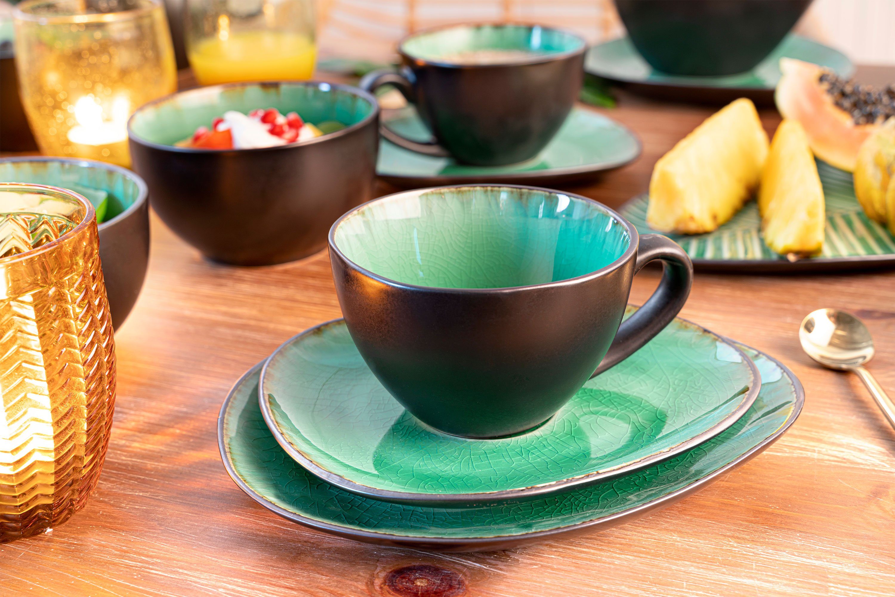 SÄNGER Kaffeeservice Palm Beach (12-tlg), 4 Personen, Steingut, Kaffeetassen Set, Grün Schwarz, Handmade, Premium Collection