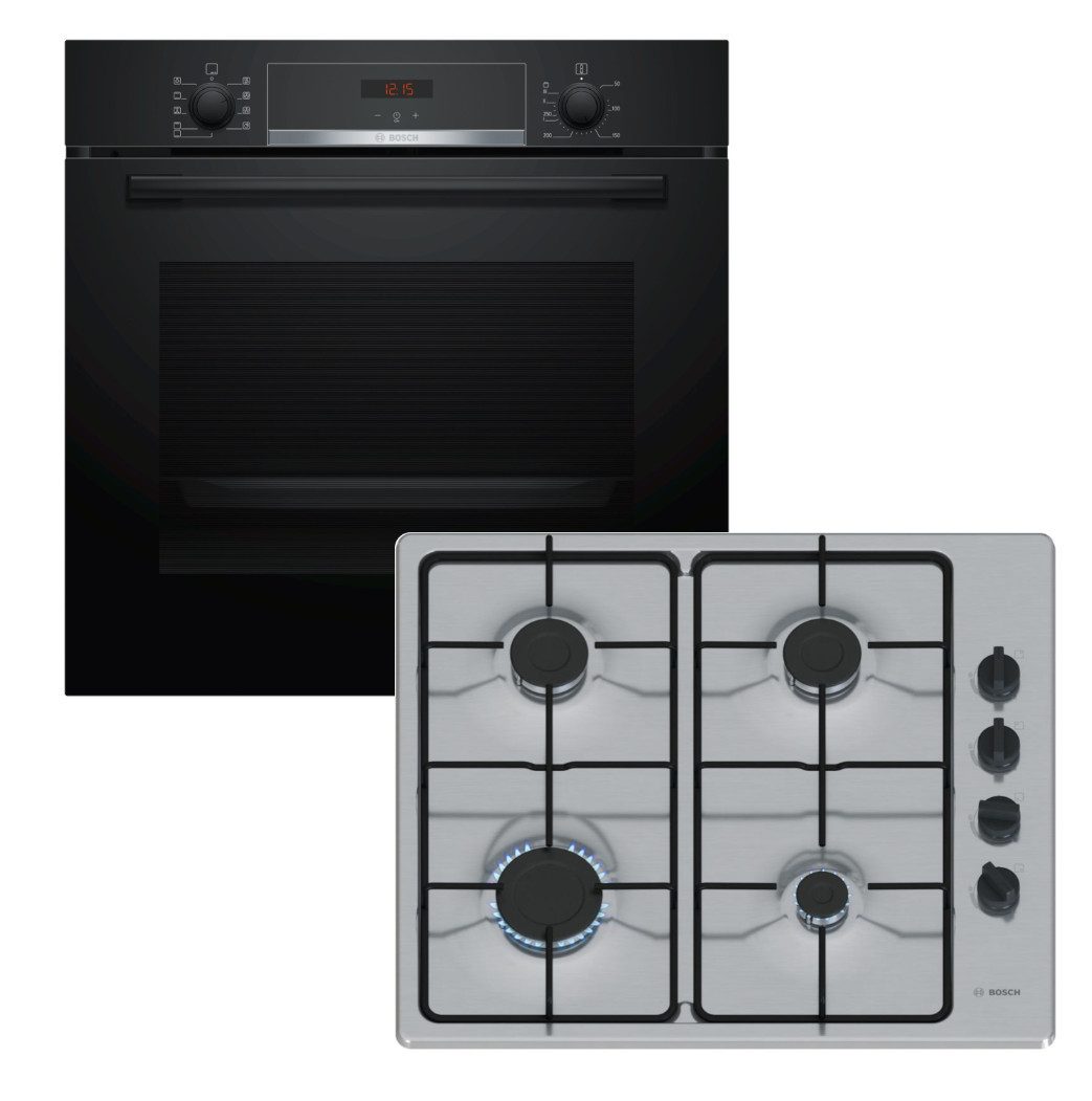 BOSCH Backofen-Set Einbaubackofen Hydrolyse Teleskop + Gaskochfeld Edelstahl 4 Brenner, mit 1-fach Teilauszug, Hydrolyse EcoClean Direct