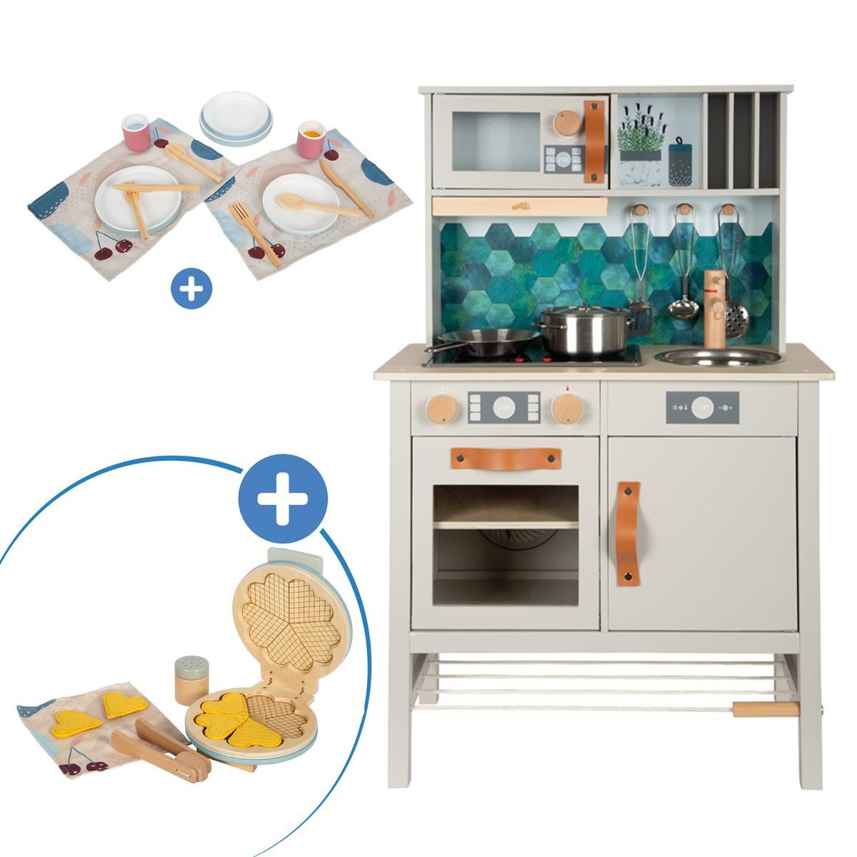 Small Foot Spielküche Tasty - Grau Holz, Kinder Spielküche Kinderküche mit Geschirr Set & Waffeleisen Set