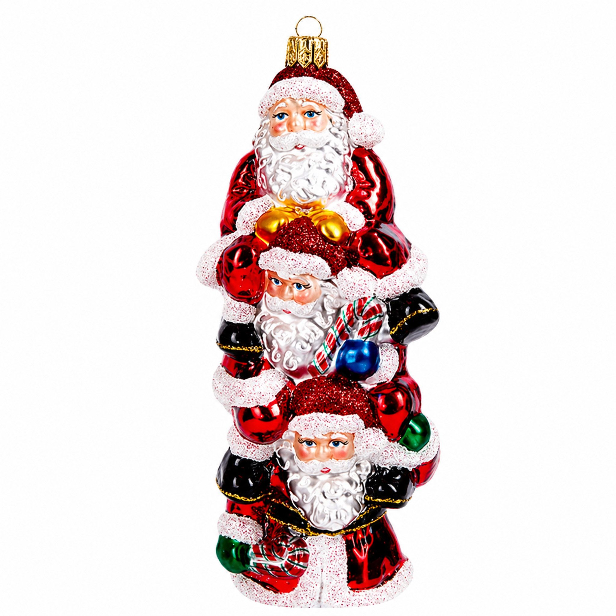 IMPULS Christbaumschmuck, Christbaumanhänger 3 Weihnachtsmänner aus Glas huckepack 15cm Rot Weiß