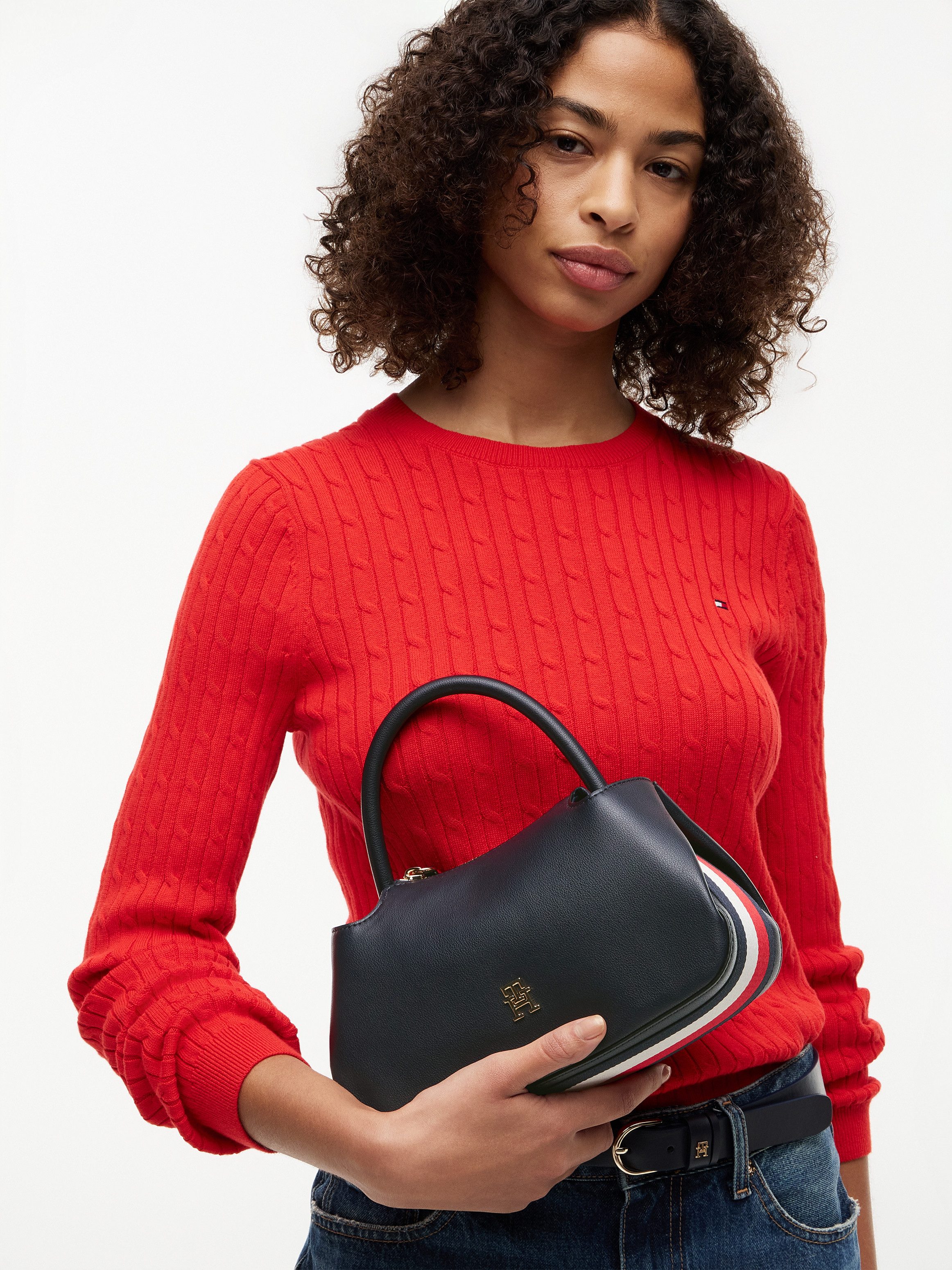 Tommy Hilfiger Henkeltasche TH LOGOTAPE MINI SATCHEL, Damen Handtasche, Umhängetasche mit goldfarbenen Details