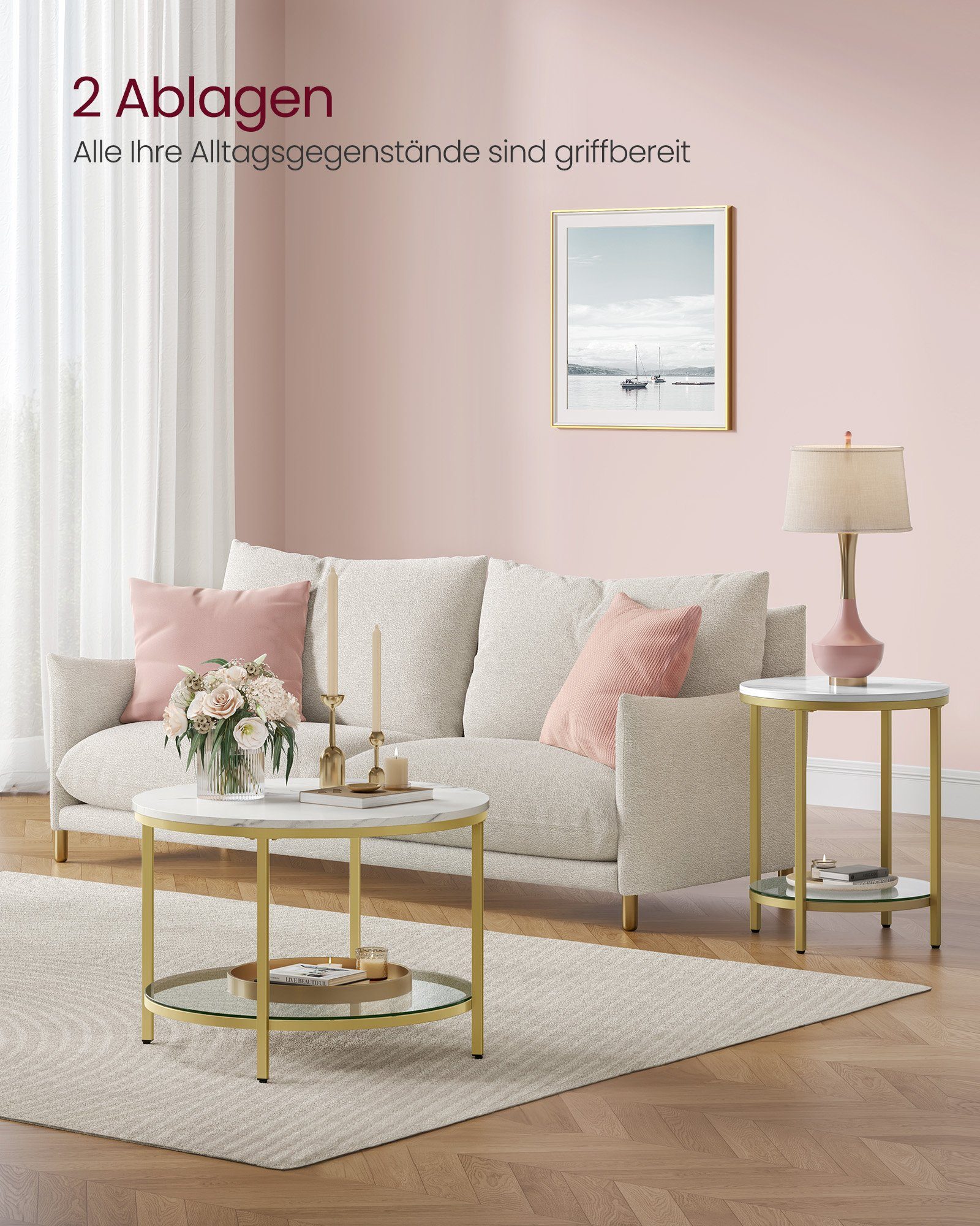 VASAGLE Couchtisch, Beistelltisch, Ø 65/80 x 46cm, Marmoroptik, Hartglasabl günstig online kaufen