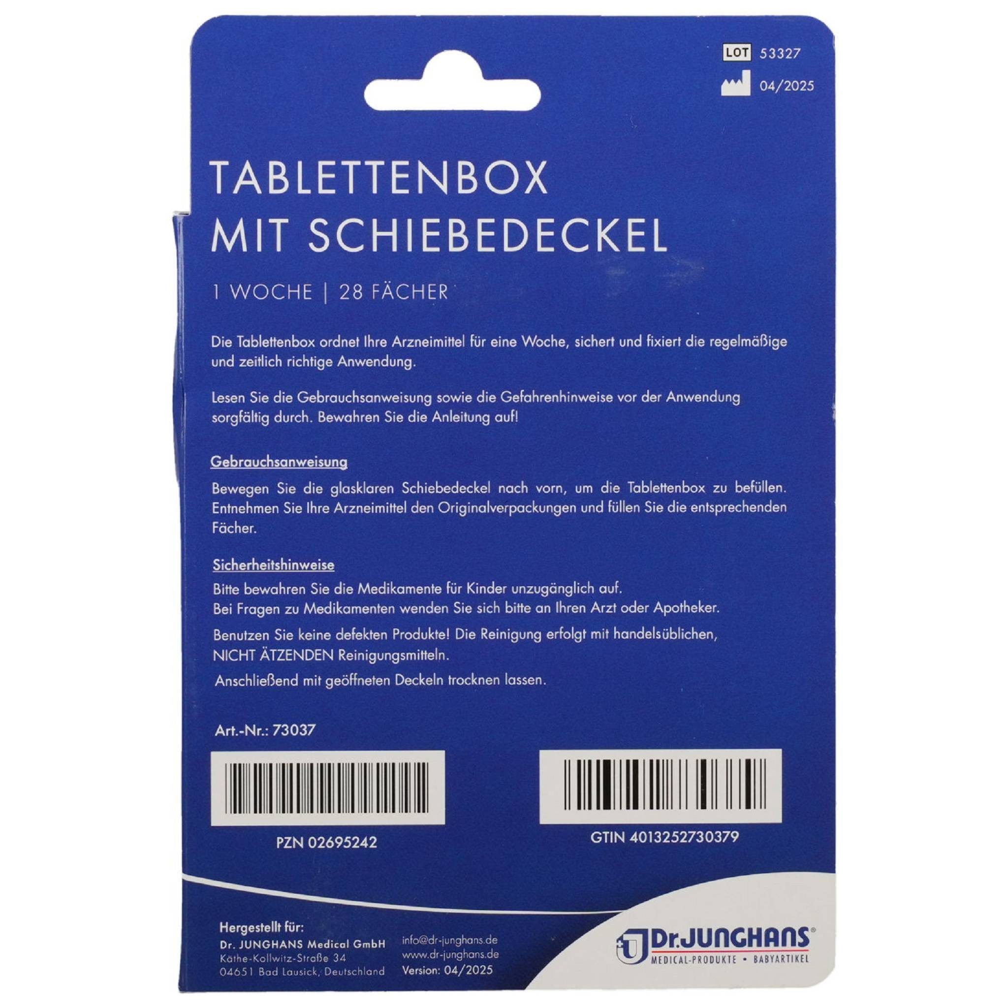 Dr. Junghans Medical GmbH Pillendose TABLETTENBOX 1 Woche 28-Fächer Schiebedeckel