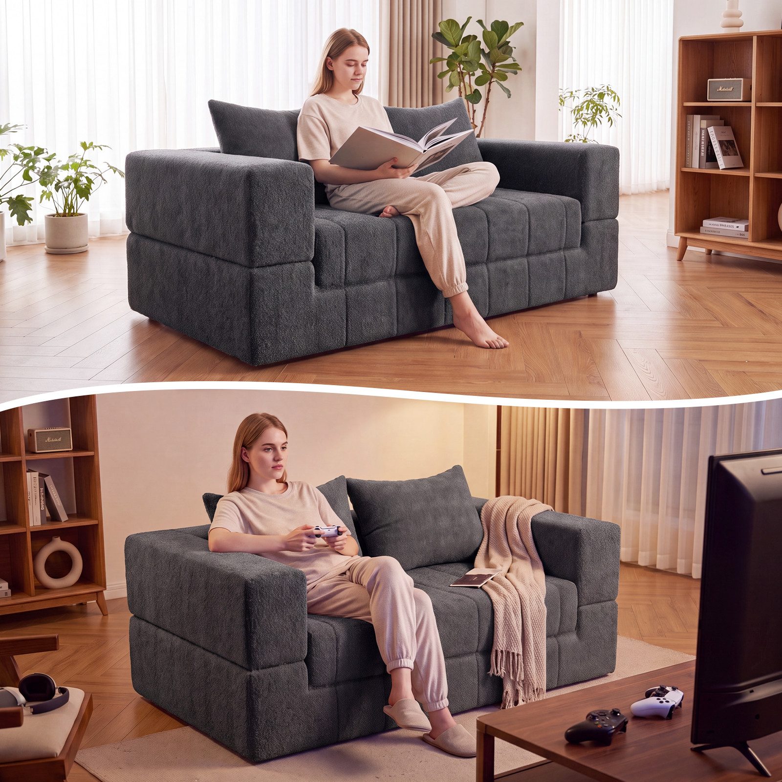HOMALL Sofa Teddy-Bouclé-Stoff Vollschaumcouch mit Vakuum-Kompression, (Klappbares Schlafsofa,Couch 2 Sitzer mit 2 Kissen,kein Aufbau notwendig) – Bild 4 von 5