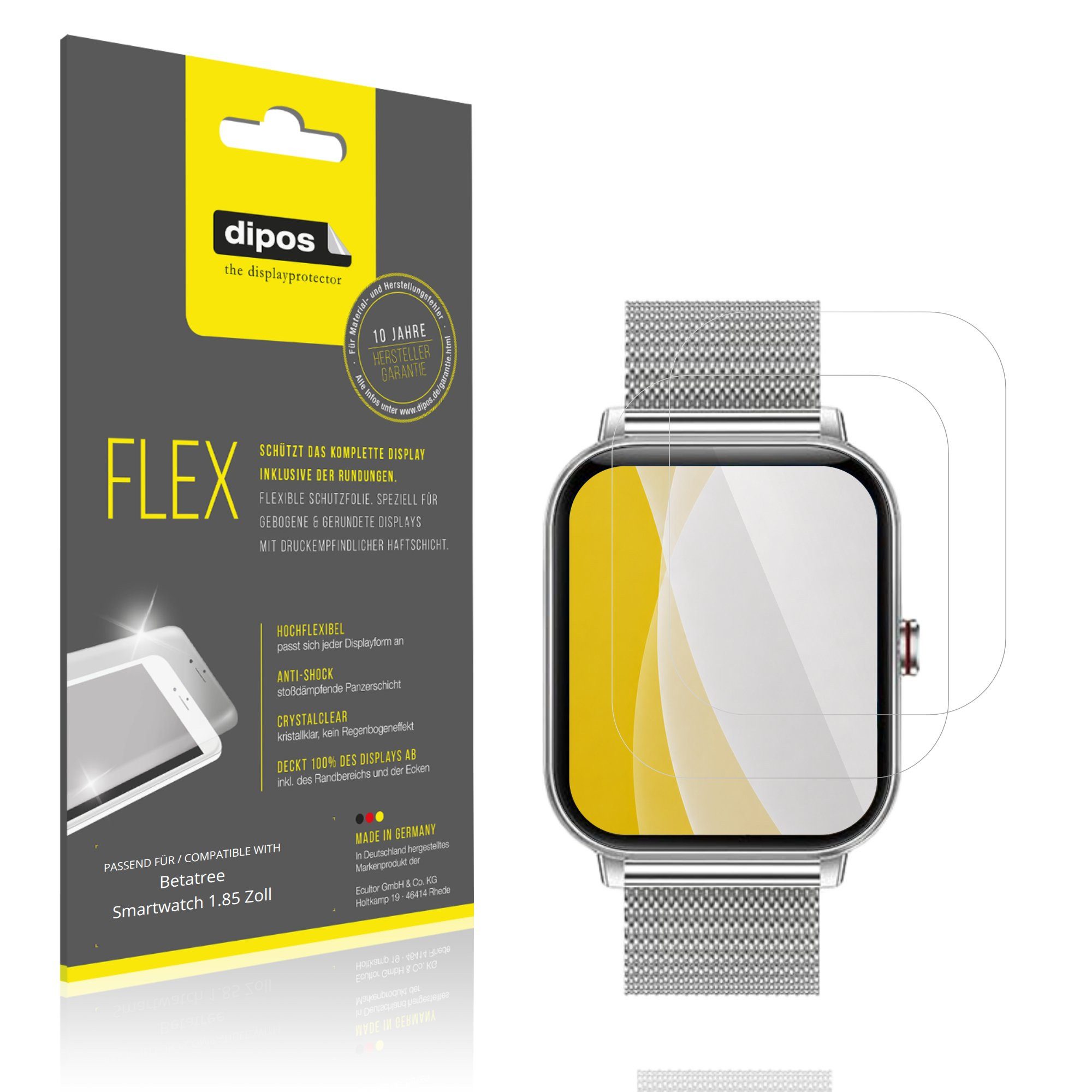 dipos Displayschutzfolie Schutzfolie für Betatree Smartwatch 1.85 Zoll, 2 Stück, Displayschutz Schutz Folie Made in Germany