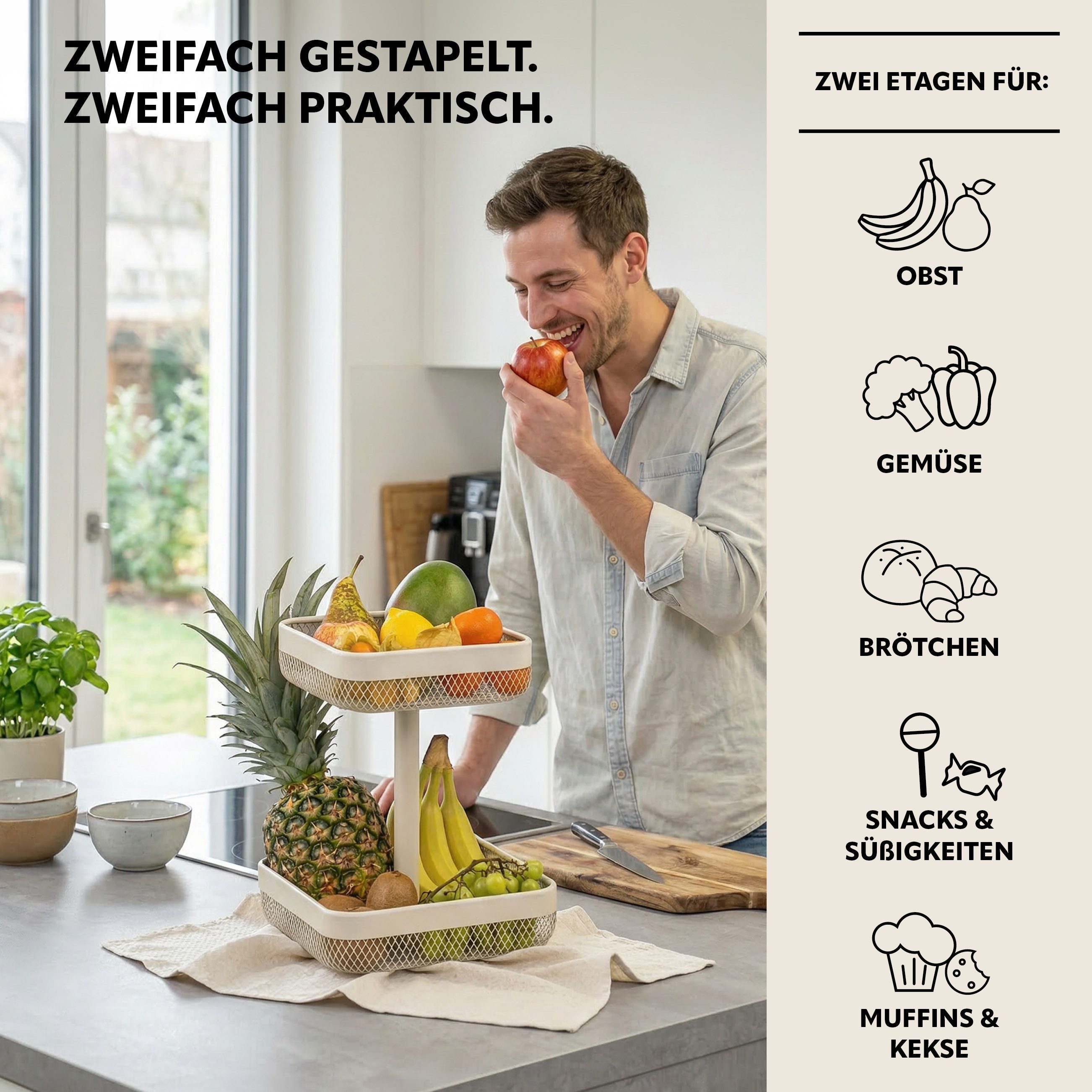 eluno Obstschale 2-stöckig, eckig, 20 x 20 cm und 25 x 25 cm, aus Metall, Metall, 2-stöckig
