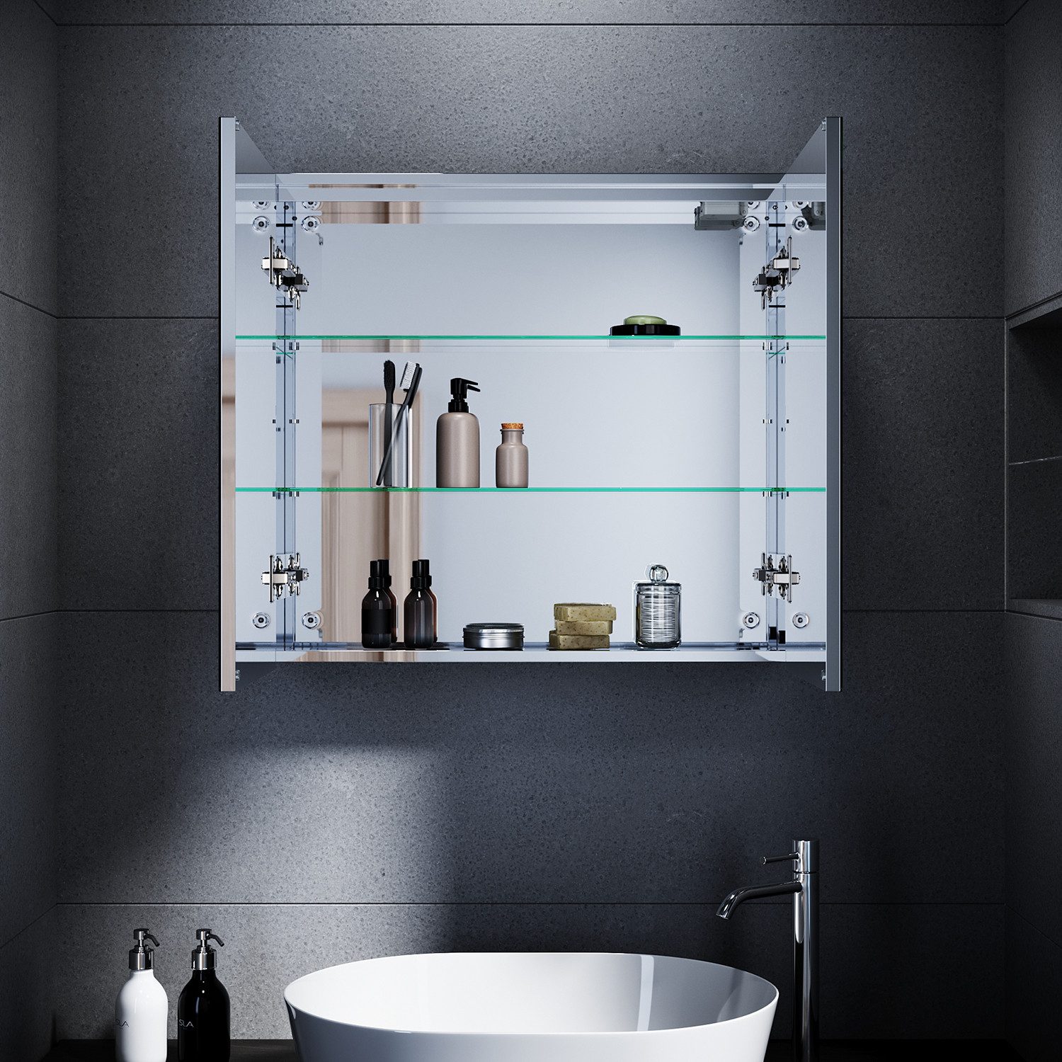 SONNI Badezimmerspiegelschrank Spiegelschrank bad mit beleuchtung 70x65cm Badezimmer spiegelschrank mit Steckdose Kippschalter Kabelloses Scharnier Design