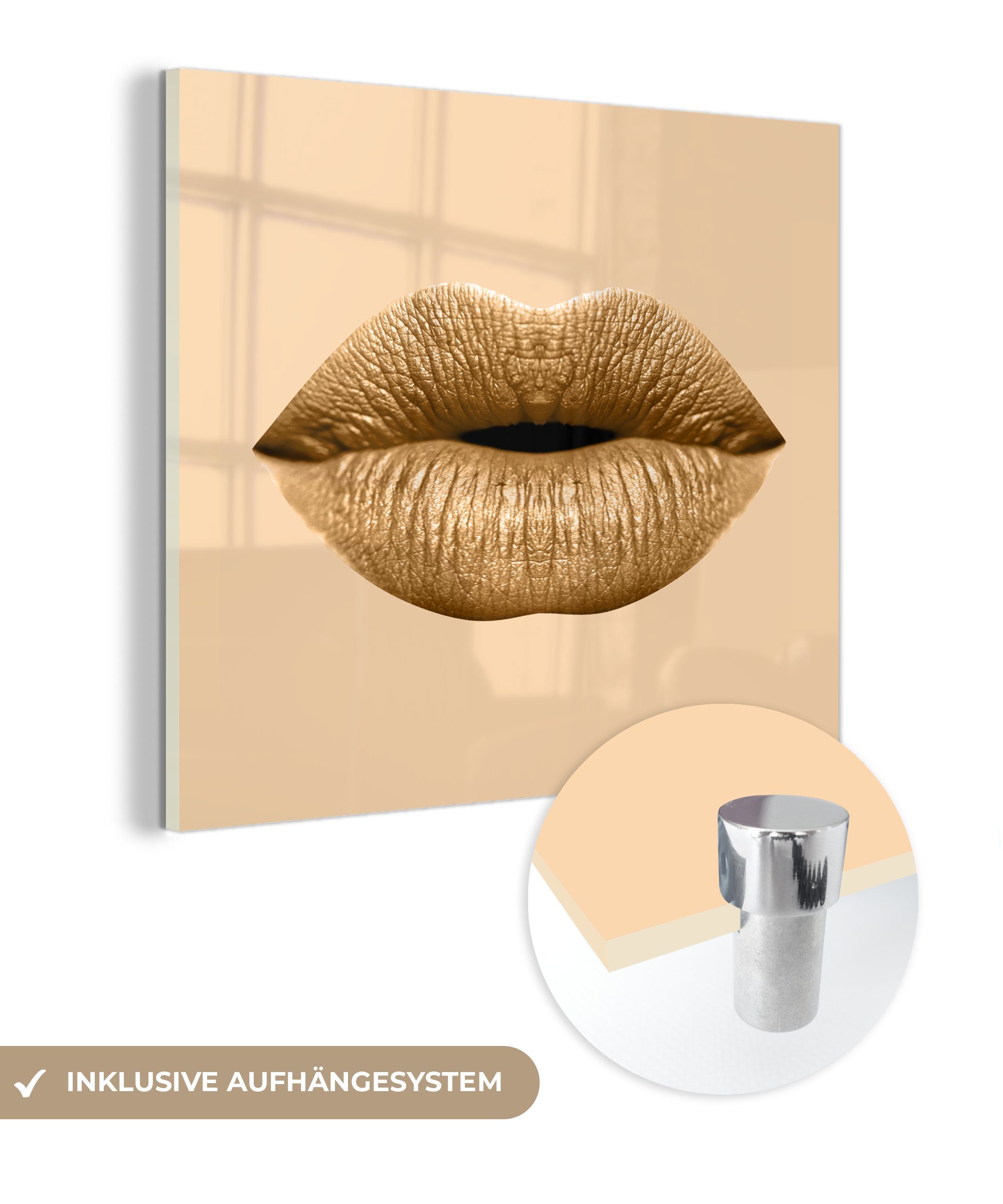 MuchoWow Acrylglasbild Lippen - Pastell - Braun, (1 St), Glasbilder - Bilder auf Glas Wandbild - Foto auf Glas - Wanddekoration