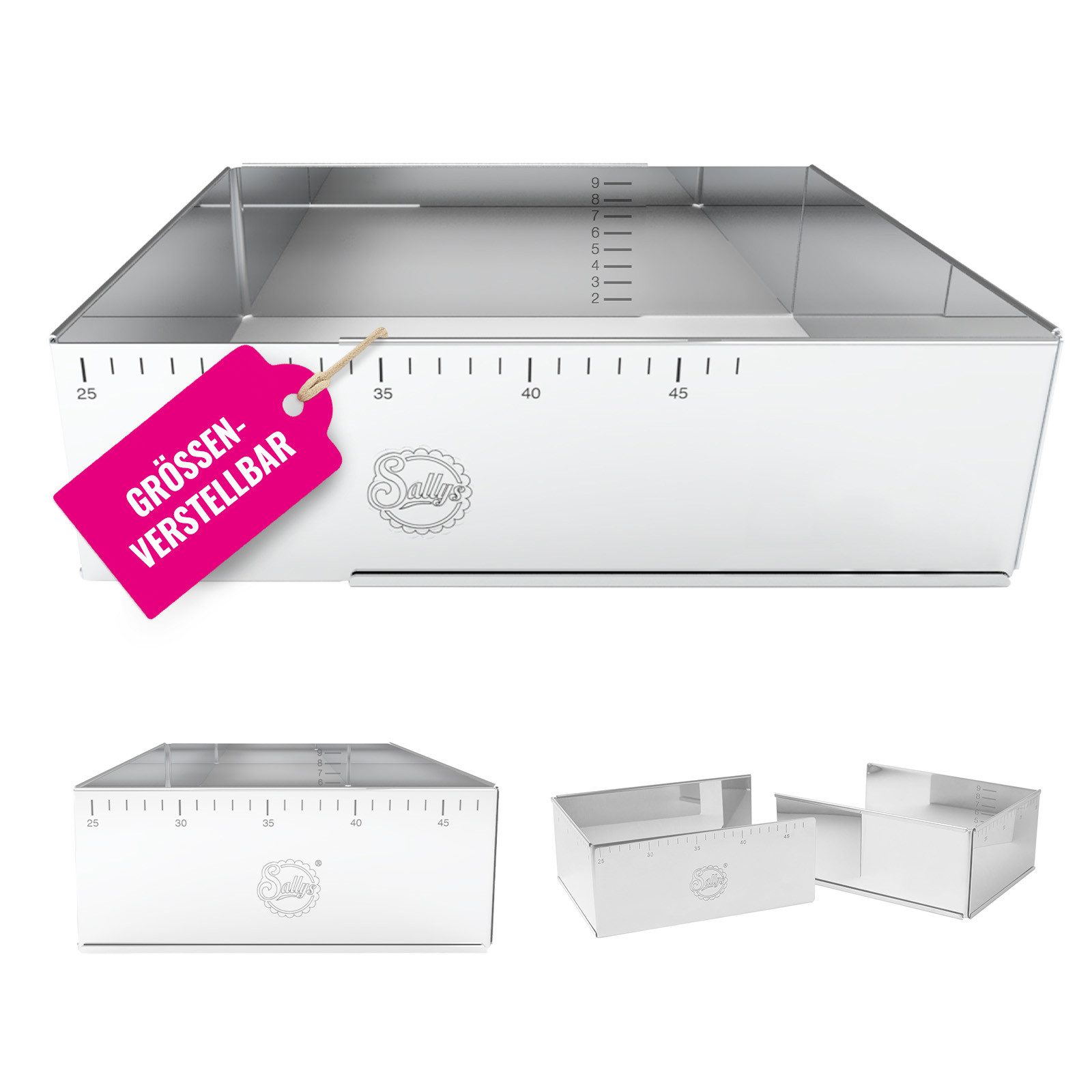 Sallys Backrahmen Hochwertiger verstellbare Backform V2, Edelstahl, 24×19 bis 32×46 cm, (extra Hoch, 1 tlg., Mit Innen- & Außenskalierung, präzises Backen, pflegeleicht), eckig, Edelstahl, rostfrei