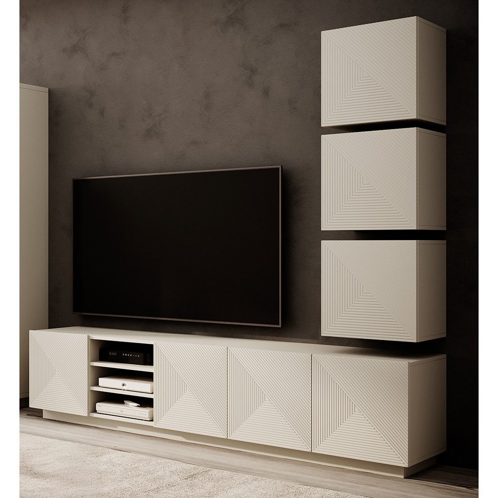 Lomadox Wohnwand ADARE-141, (4-St., Hängeschränke Lowboard), in kaschmir mit gerillter Front, grifflos, Push-to-Open