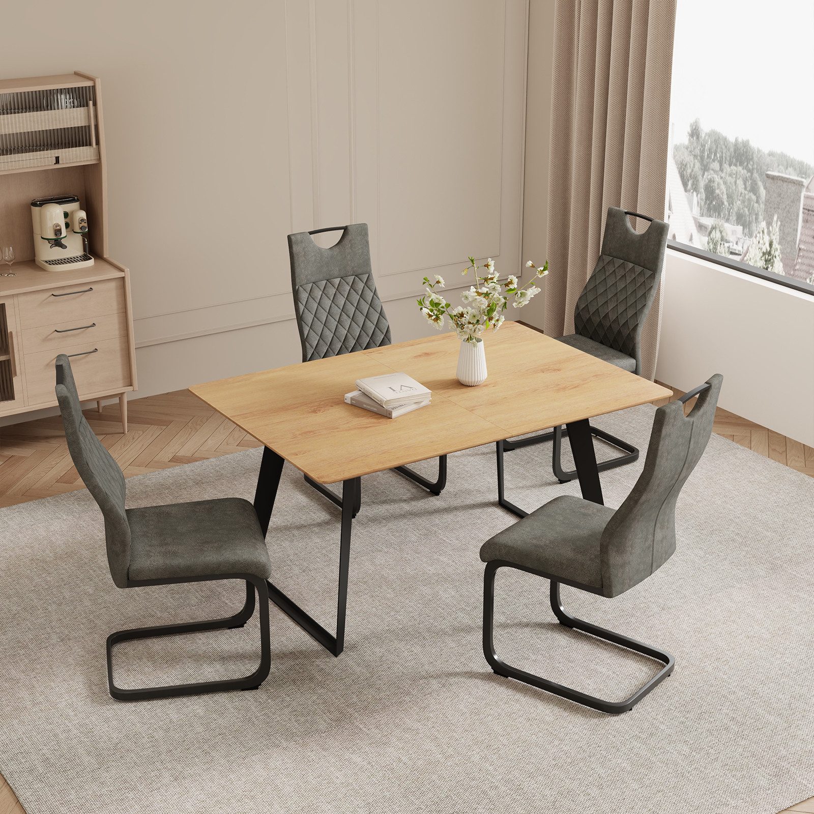 Jiexi Essgruppe Tisch-und Stuhlset, Ausziehbarer Esstisch (130–170 cm) mit 4-6 Stühlen