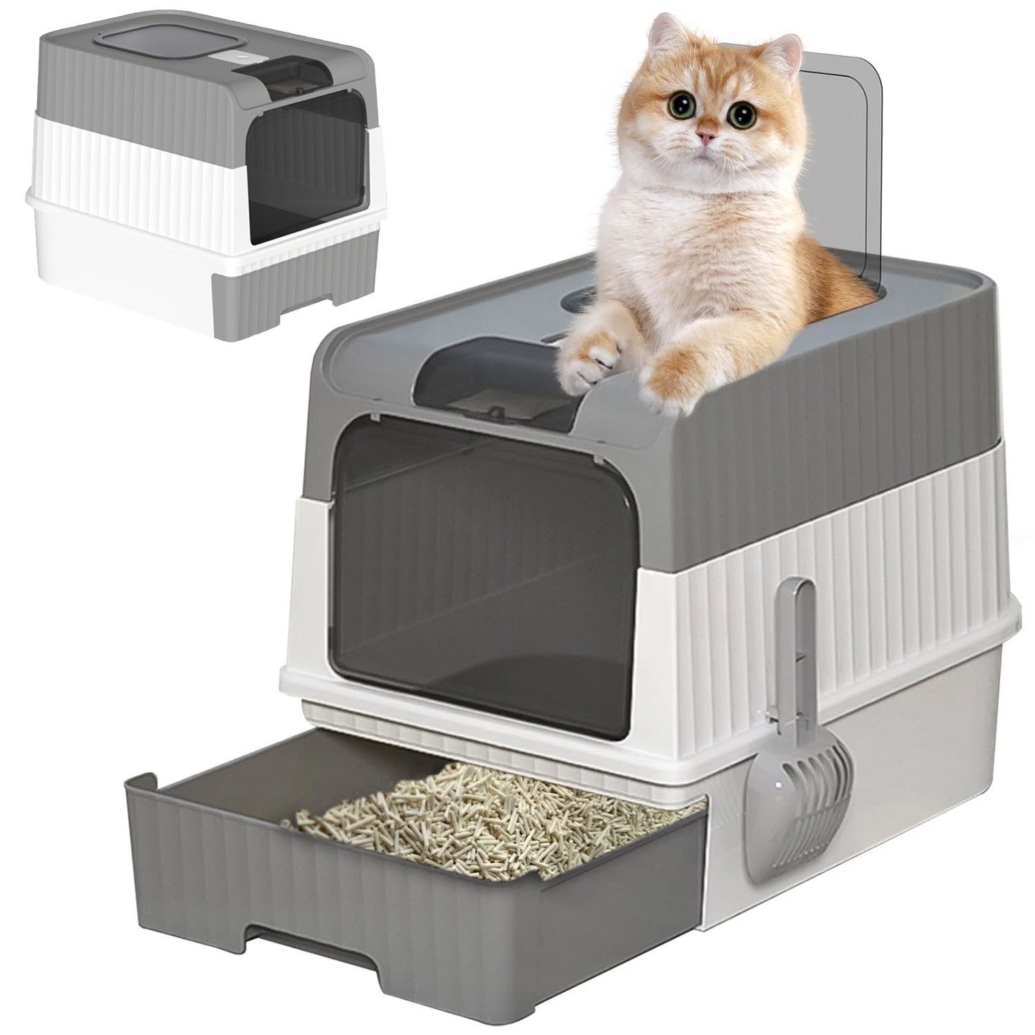 HEYHIPPO Katzentoilette Große faltbare Katzentoilette mit Deckel, Schaufel und PP-Material, Geruchs- und spritzwassergeschützte Katzenstreu-Box, 35x49x37 cm