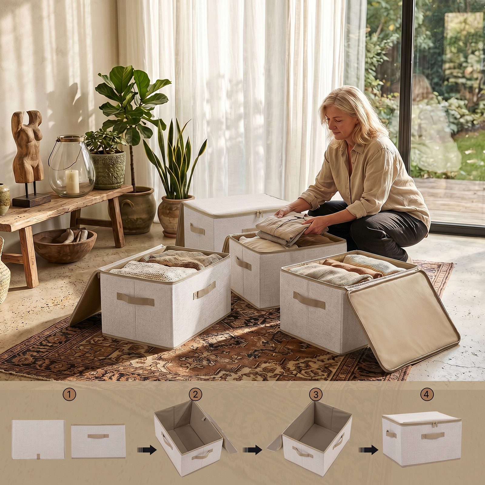 Sekey Aufbewahrungsbox Aufbewahrungsboxen mit Deckel 45L Stapelbar Faltbare Ordnungsboxen (3 St), 3er Set, Organizer Kleidung Vliesstoff Boxen für Schrank Regal – Bild 5 von 5