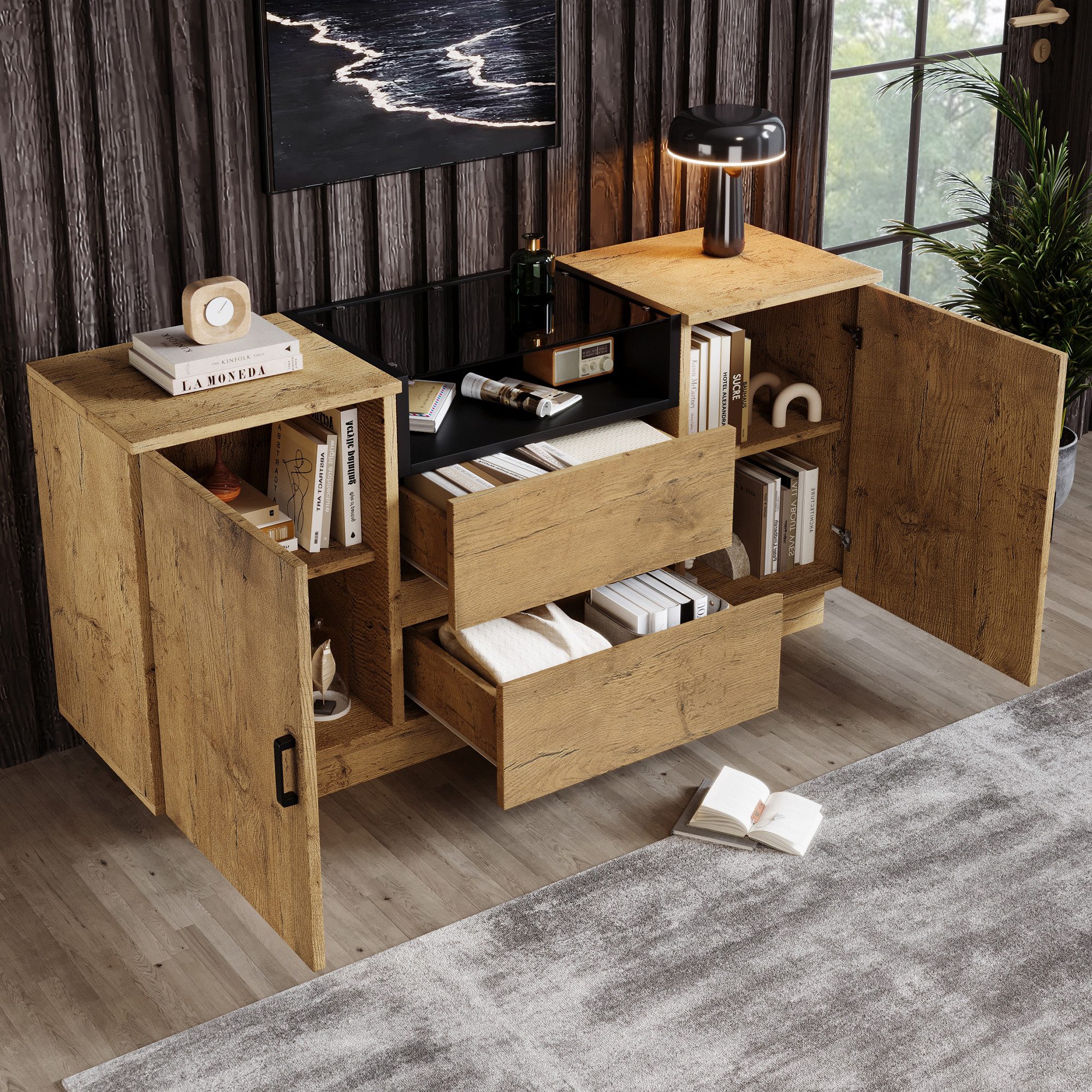 Flieks Kommode Mehrzweckschrank mit Schubladen und verstellbaren Einlegeböden (H70/B140/T40 cm, 1 St), Sideboard mit Glas-Arbeitsplatte Eichenoptik Holzschrank  – Bild 2 von 5