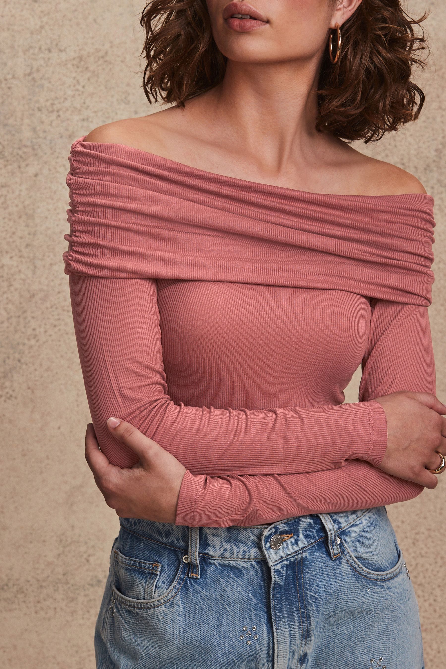 Next Carmenshirt Weiches, geripptes Bardot-Oberteil (1-tlg)