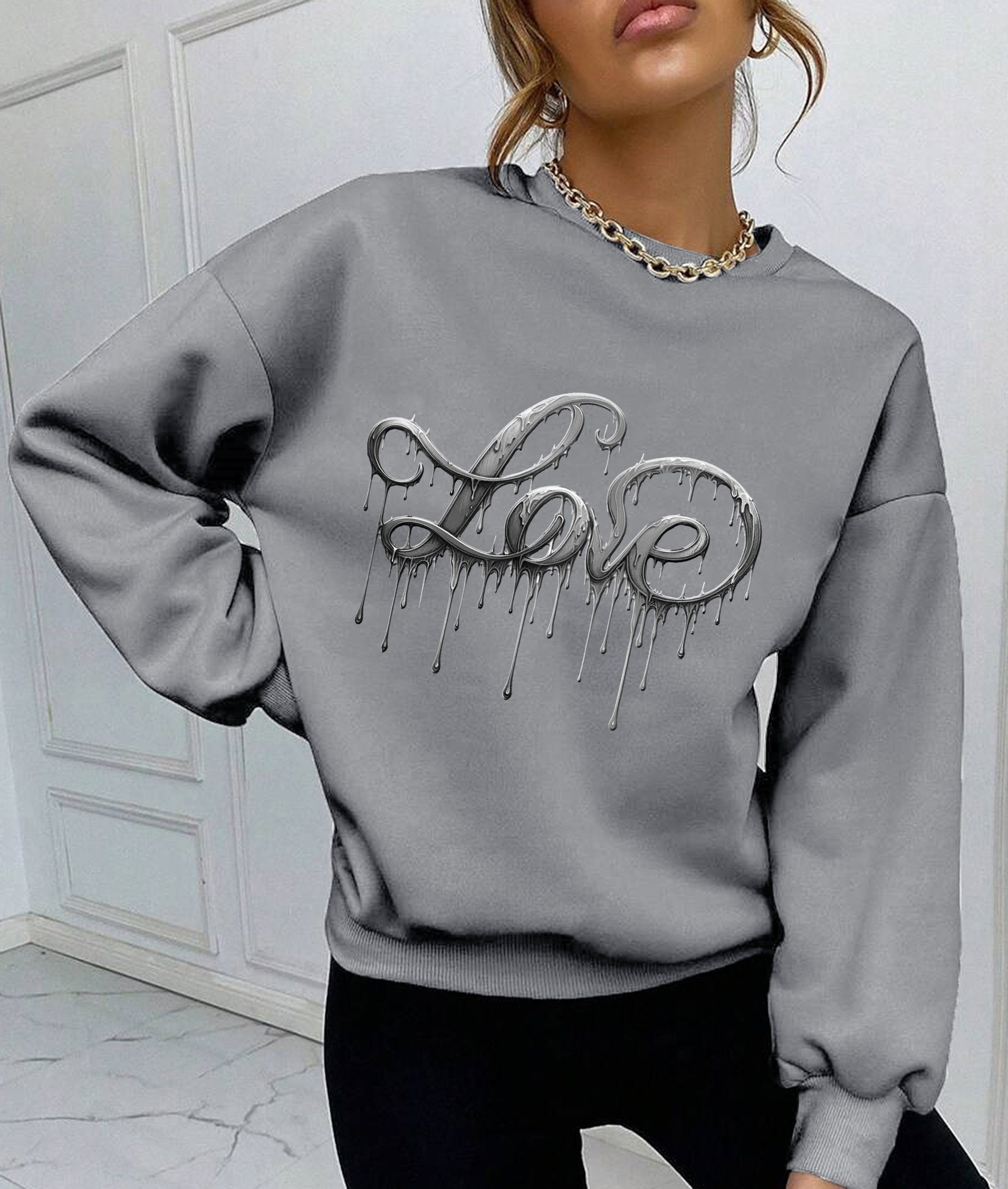 RMK Rundhalspullover Damen Pulli Pullover Hoodie Longsleeve Oversize Loose Fit Liebe mit "Love" Print, Rundhals Ausschnitt