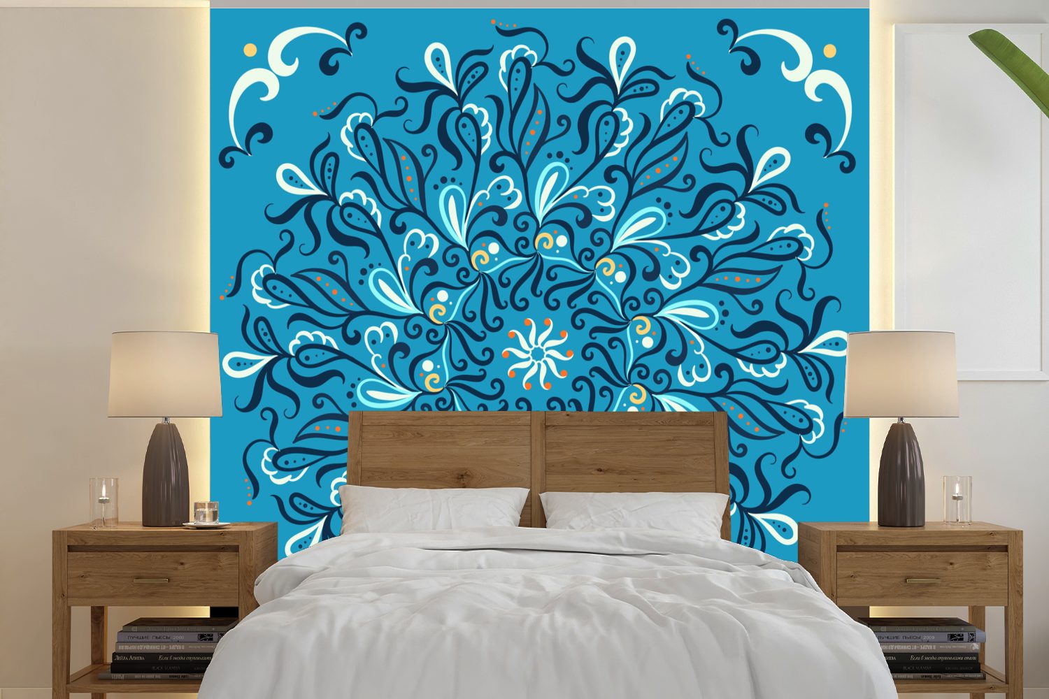 MuchoWow Fototapete Mandala - Blau - Muster, Matt, bedruckt, (5 St), Vinyl Tapete für Wohnzimmer oder Schlafzimmer, Wandtapete