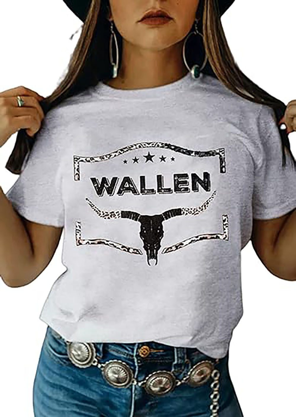 BlauWave Kurzarmshirt Cowboy Steer Skull Leopard gebleichtes T-Shirt für Damen Western (1-tlg., Cowgirl Shirt Vintage Western T-Shirt) Geeignet für tägliche Reisen