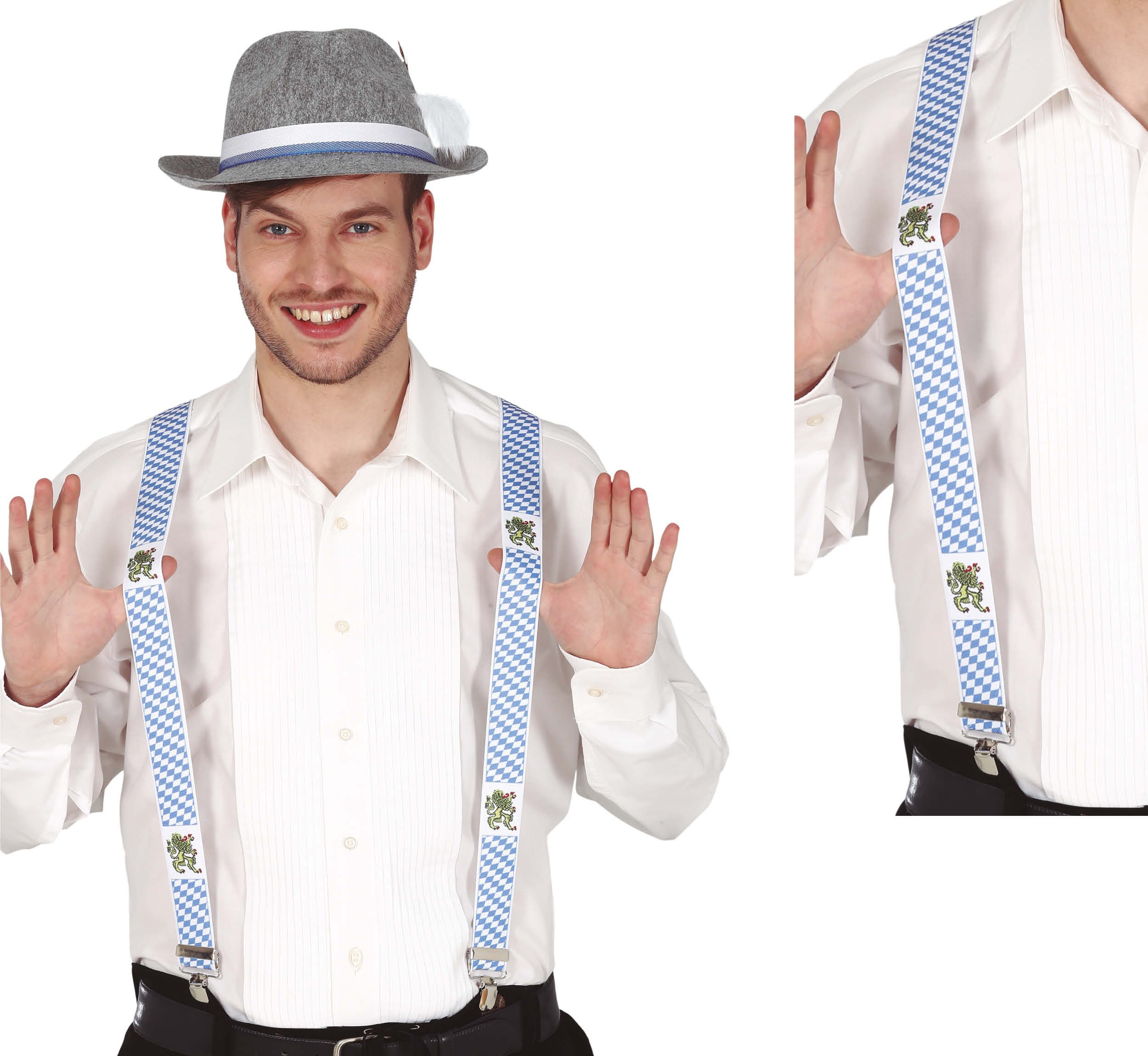 Fiestas Guirca Kostüm, Oktoberfest Bayerische Trachten Hosenträger Blau Weiß Rauten Muster