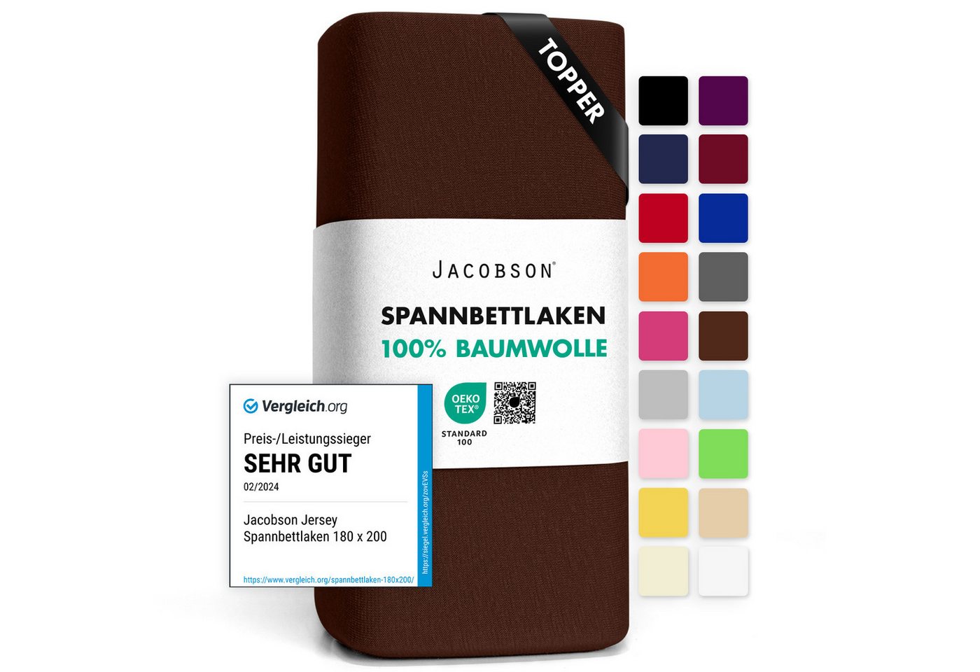 Jacobson Spannbettlaken TOPPER aus 100% Baumwolle, Jersey Bettlaken 160 g/m², Spannbetttuch mit Gummizug, pflegeleicht & viele Farben