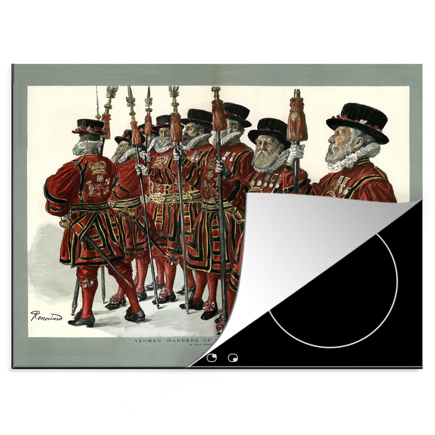 MuchoWow Herdblende-/Abdeckplatte Illustration der Yeomen Warders des Tower of London, Vinyl, (1 tlg), 60x52 cm, Mobile Arbeitsfläche nutzbar, Ceranfeldabdeckung