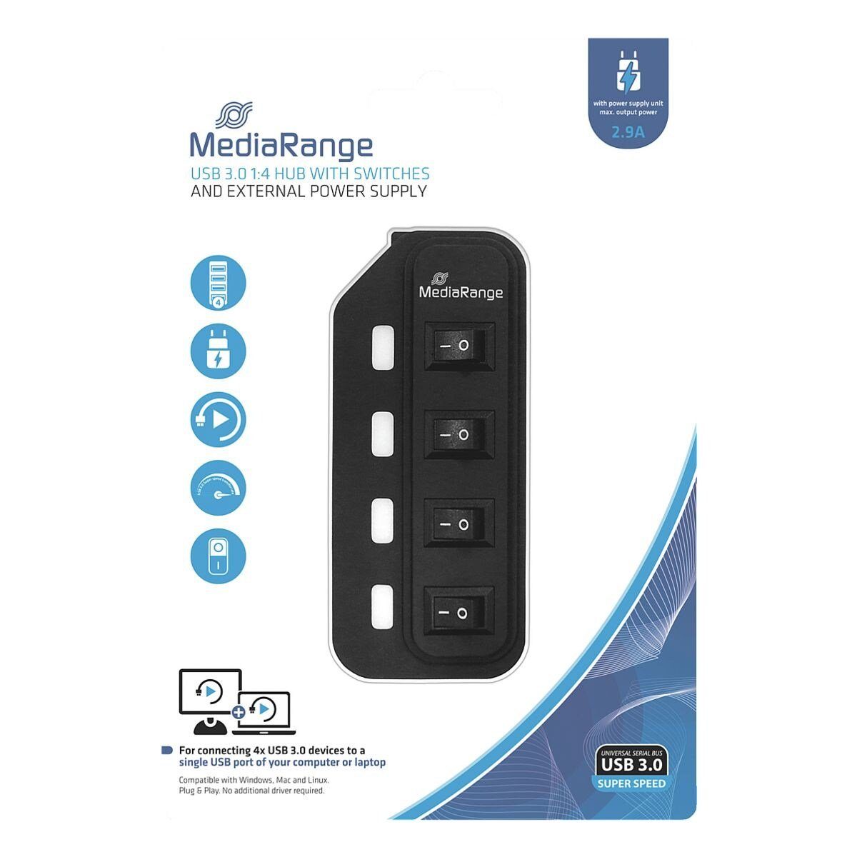 Mediarange MRCS505 USB-Adapter, USB 3.0 Hub 1:4, mit separaten Schaltern