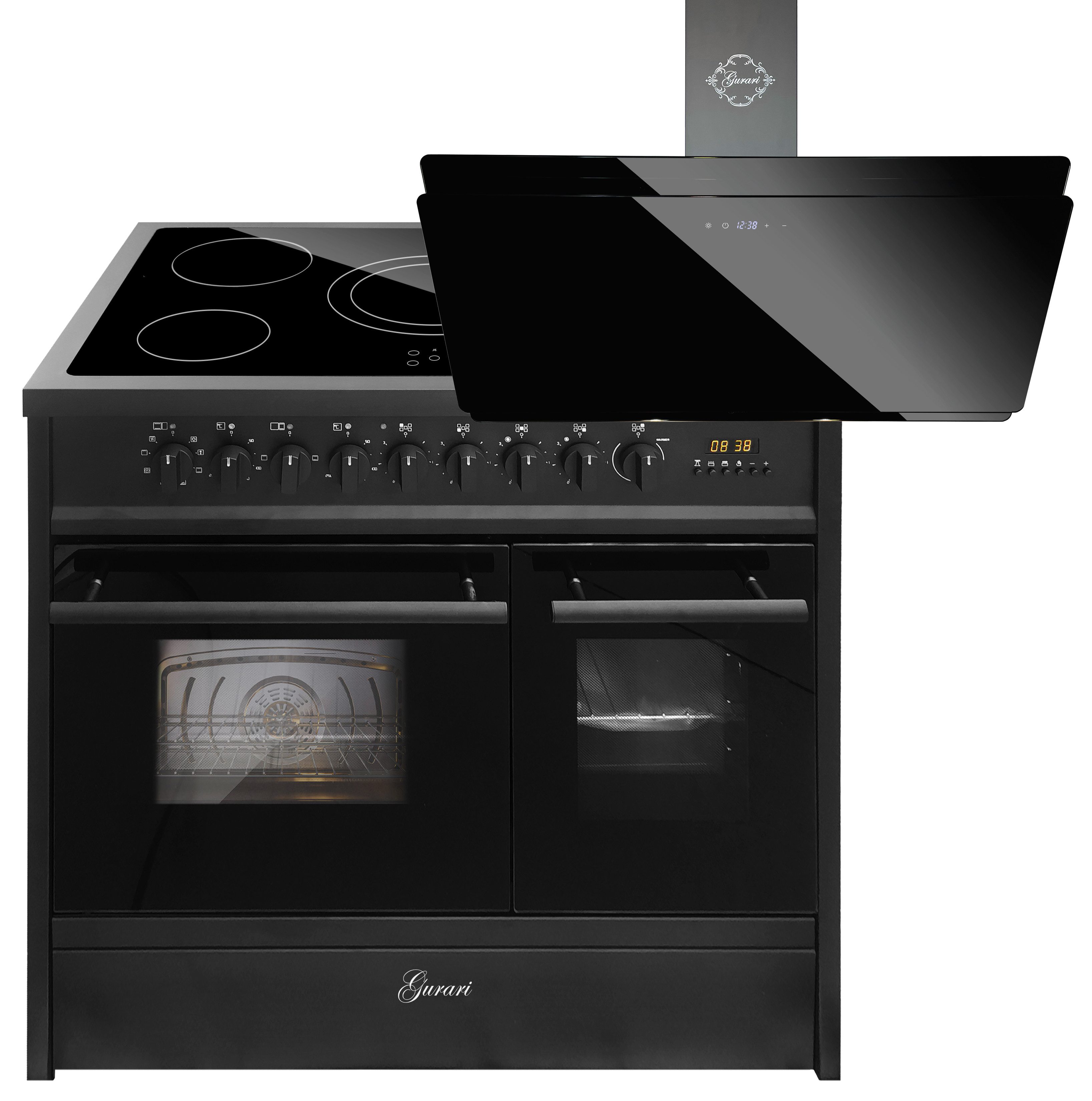 GURARI Elektro-Standherd Glaskeramik Herd 90 cm Schwarz Range Cooker Elektro Doppelbackofen mit Dunstabzugshaube 90cm 1000m³/h kopffreihaube Schwarz Glas TouchControl GCH E 912 DF BL+GCH S 411 90 BL PRIME N., mit 1-fach-Teleskopauszug, Elektro Standherd 90 cm, Doppelbackofen+Dunstabzugshaube 90 cm