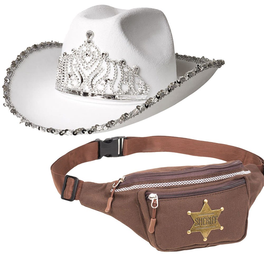 Cowboy-Kostüm Cowboy Set Bauchtasche & Cowboyhut weiß