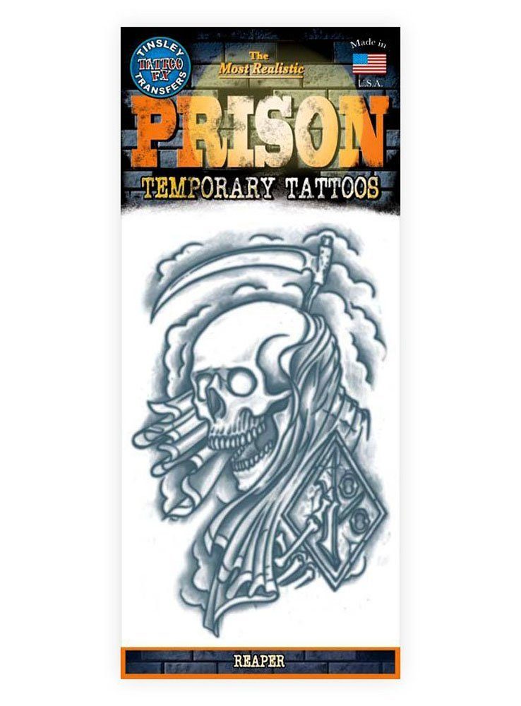 Tinsley Theaterschminke Sensenmann Klebe-Tattoo - Fasching Halloween Karne, Temporäres Tattoo in beeindruckend realistischer Hollywood-Qualität