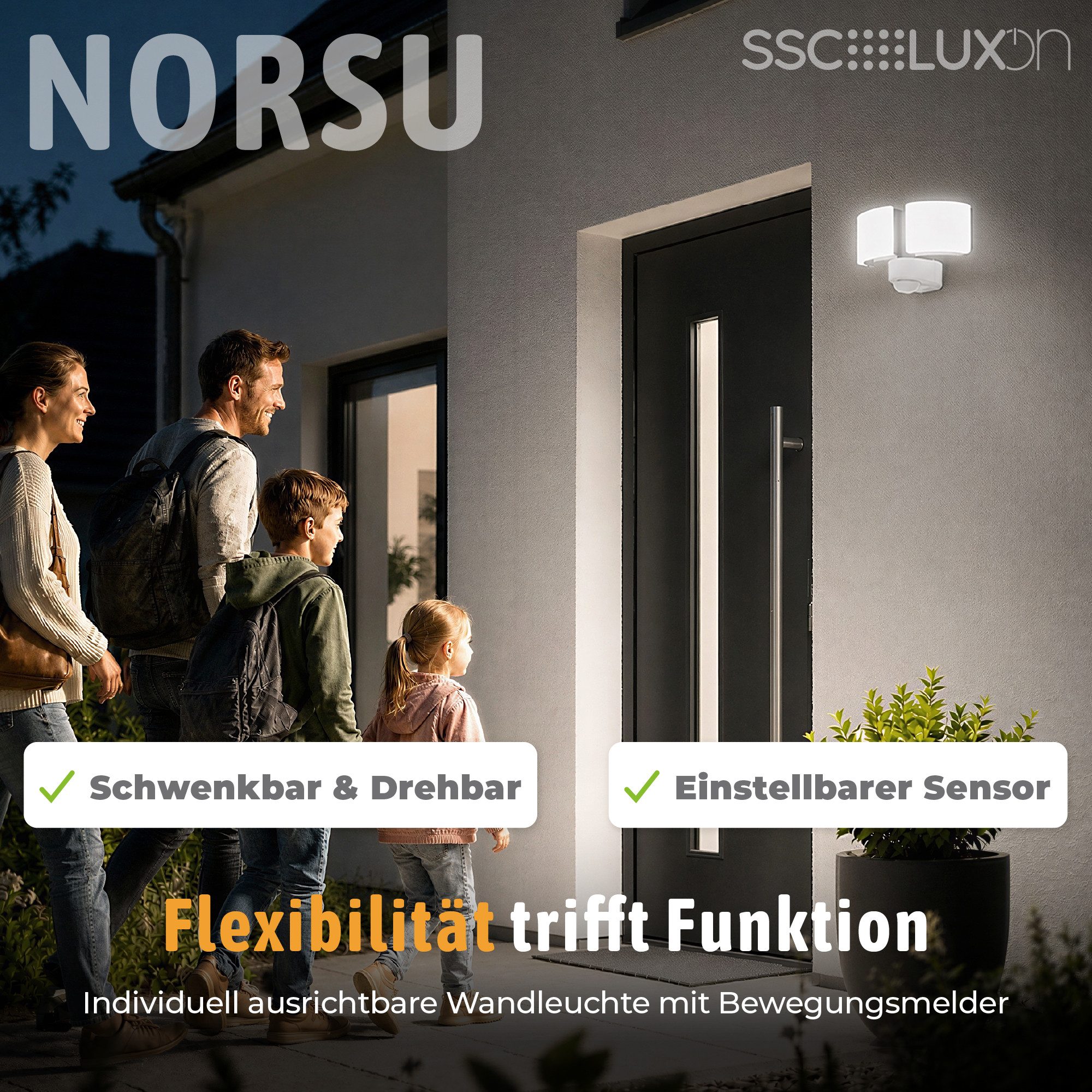 SSC-LUXon LED Außen-Wandleuchte NORSU weiße LED Außenleuchte Bewegungsmelder IP65 neutralweiß 230V, Neutralweiß