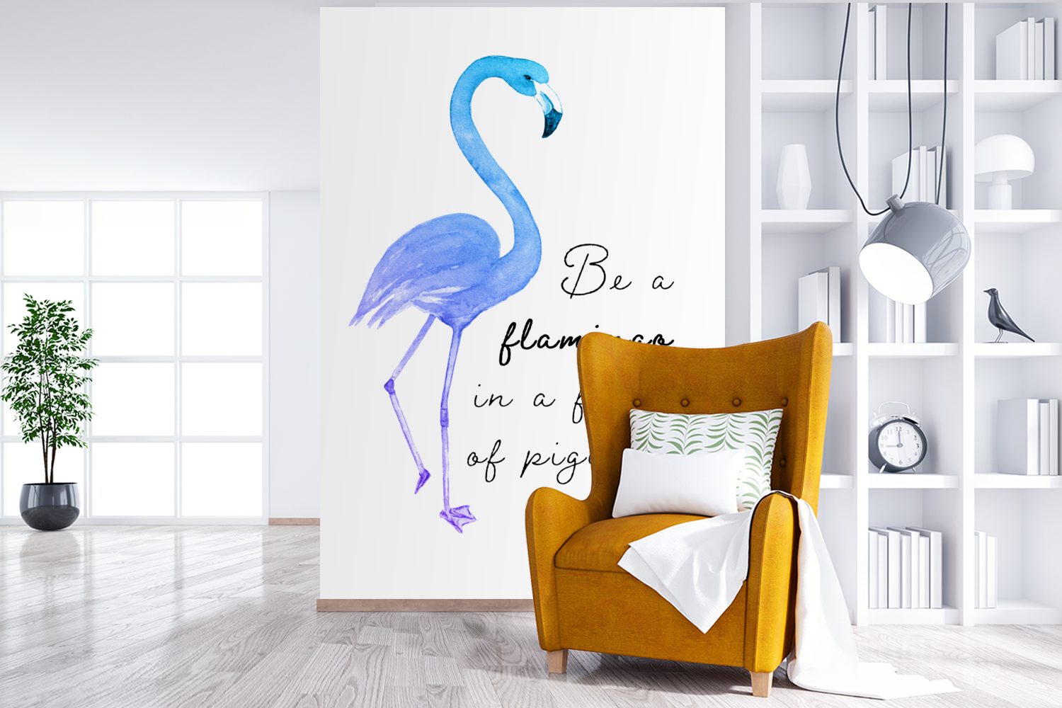 Fototapete Flamingo, Wandtapete MuchoWow - St), (3 Blau bedruckt, Montagefertig für Matt, Wohnzimmer, Tapete Lila Vinyl -