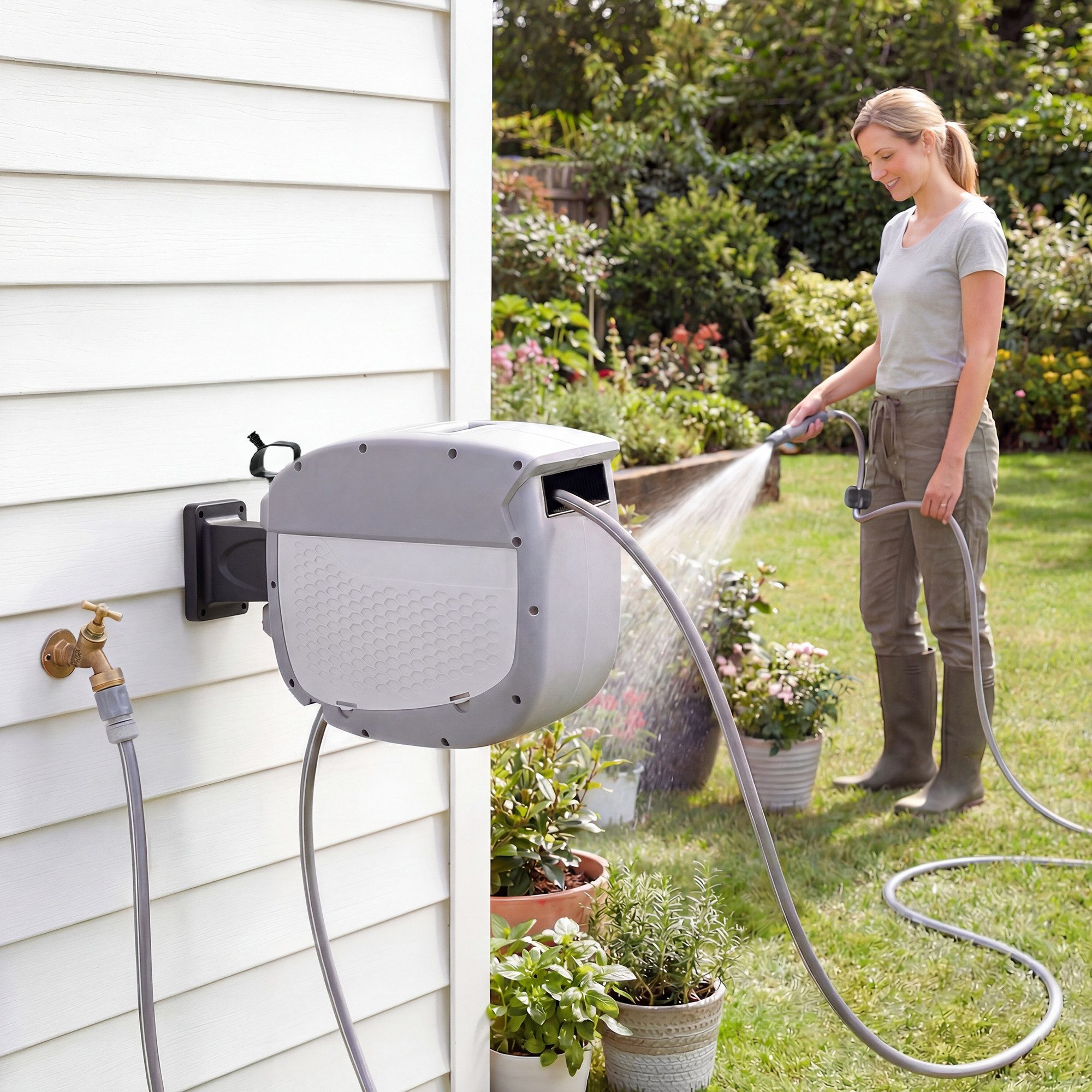 Outsunny Schlauchtrommel Gartenschlauch 30 m, 180° schwenkbar Wasserschlauchaufroller, (Schlauchaufroller, 1-tlg., Schlauchbox), Grau