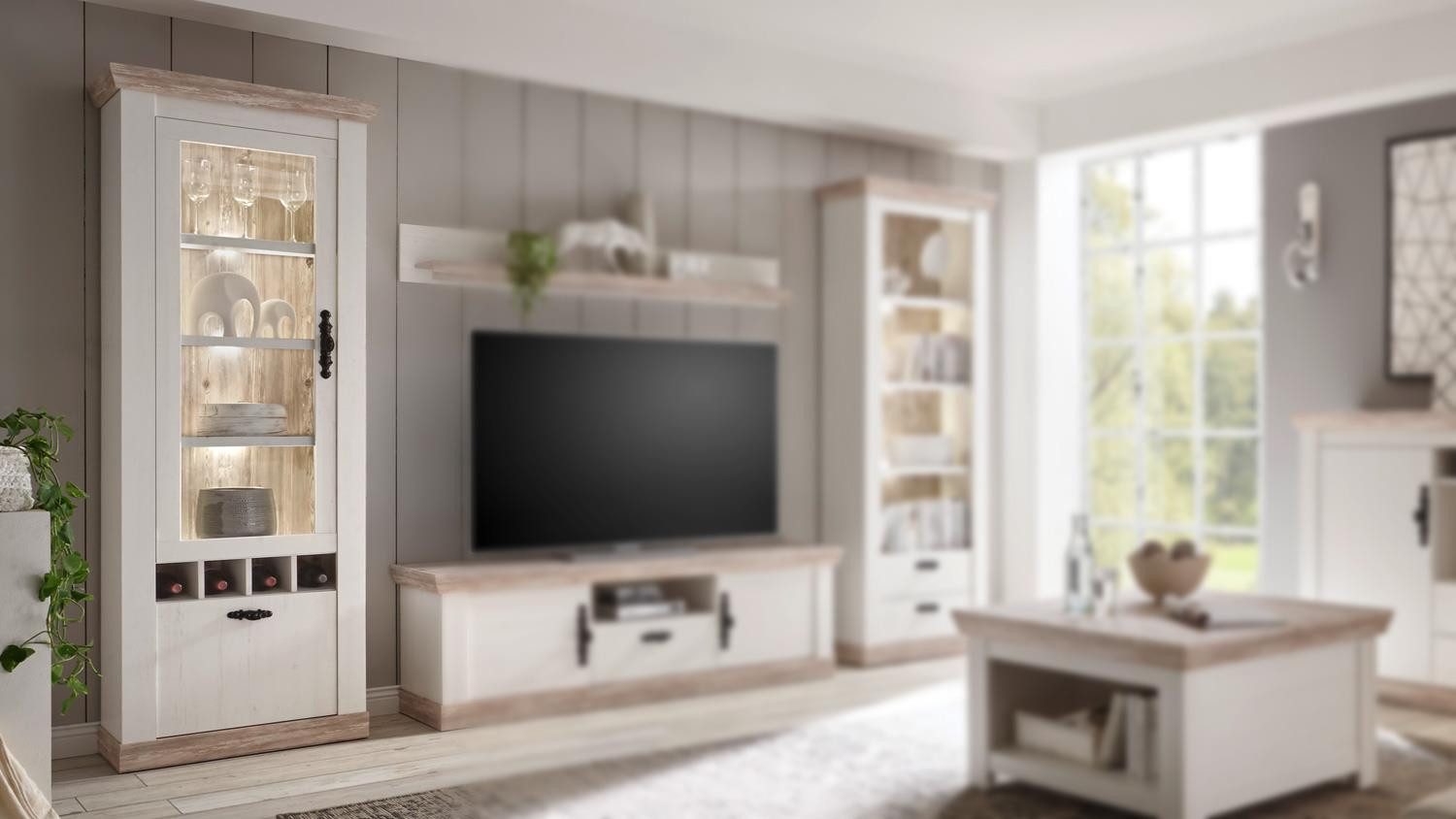 IMV Vitrine Vitrine Florenz Standvitrine Glasvitrine Schrank Oslo Pinie weiß 71 cm