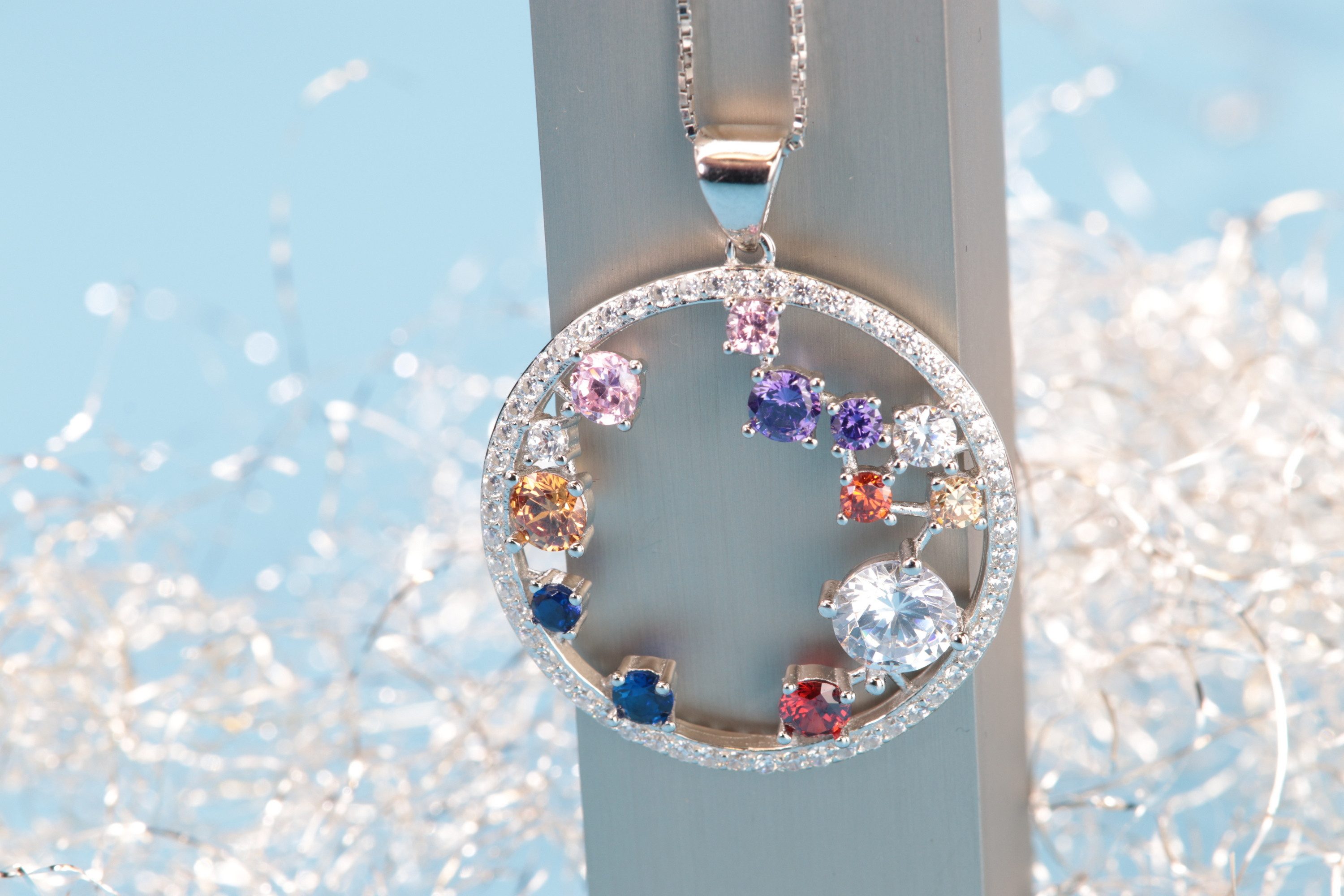 SCHEPPE SCHMUCK Kettenanhänger 925 Sterling Silber - rund - Multicolor - Cubic Zirkonia (1-tlg., inclusive Schmuckbox), 3,3 x 2,7 x 0,5 cm