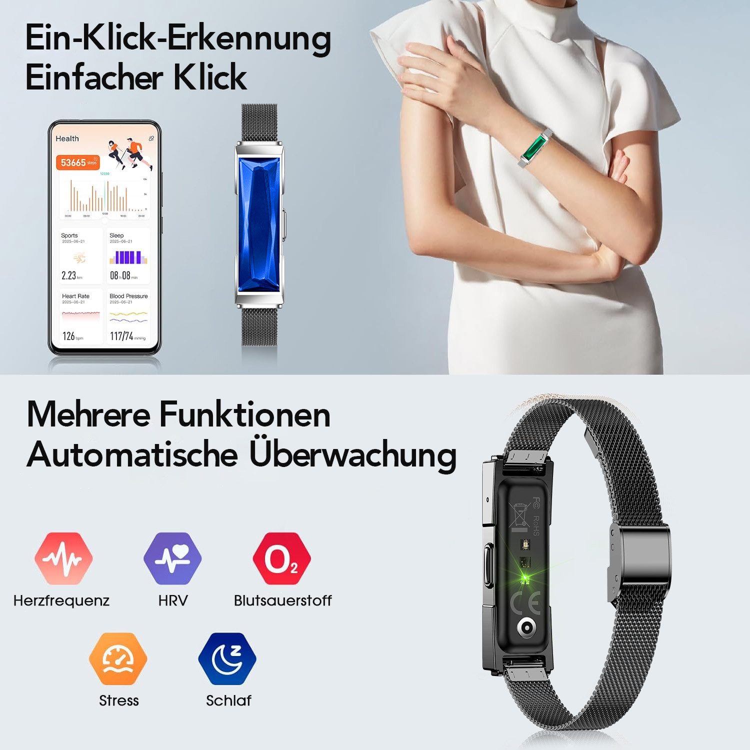 ANYSUN Fitness Tracker Uhr für Damen Herren,Smart Armband Smartwatch (47 cm) Smart-Armband,Schrittzähler/Blutsauerstoff/HRV/Schlaf-Tracker, Modisches Edelstein-Armband mit Nachrichten-/Anruferinnerung